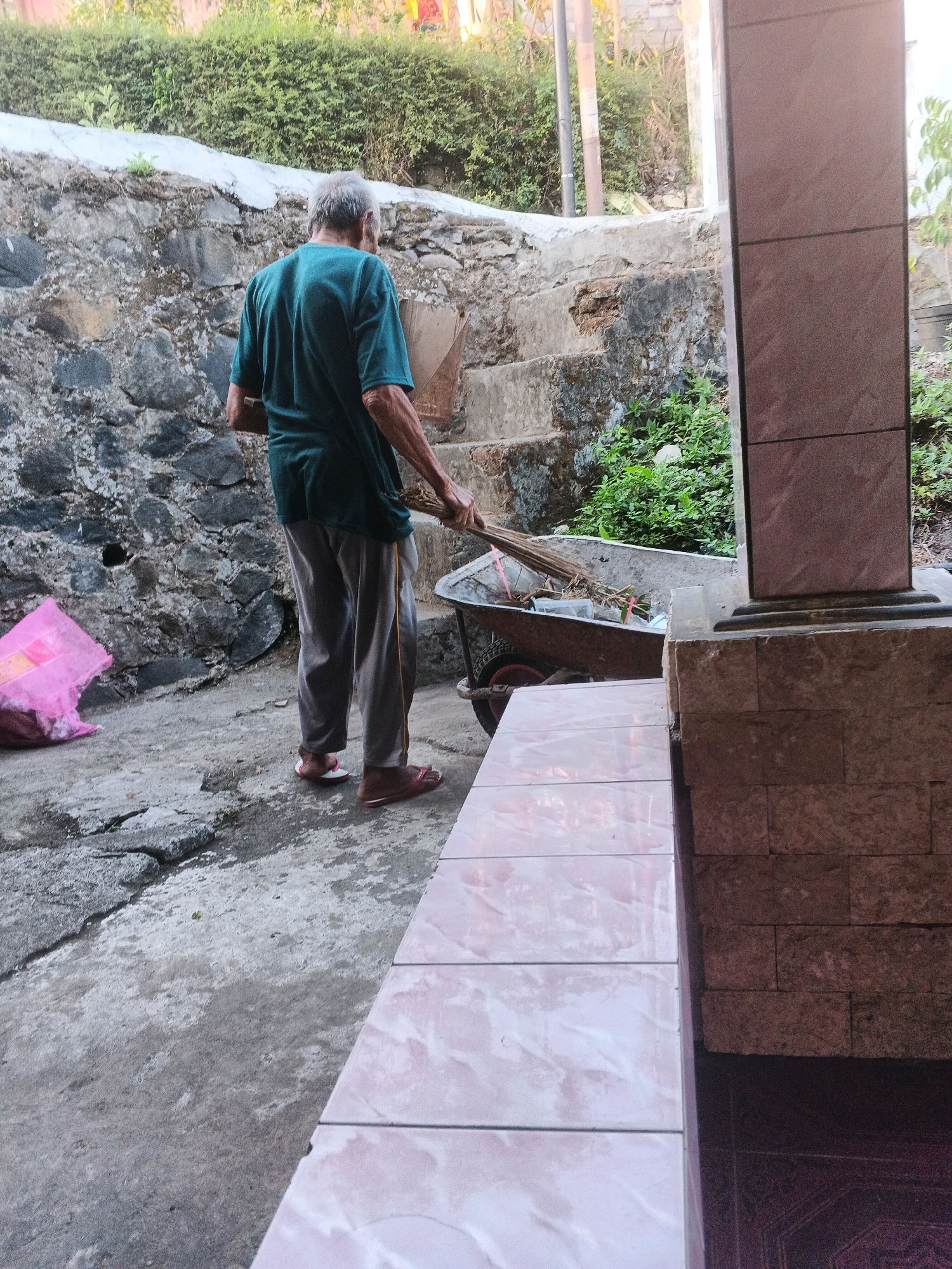 An elderly man with graying hair is sweeping leaves into a wheelbarrow. He is wearing a dark green t-shirt and gray pants. He is also wearing brown sandals. The wheelbarrow is in an outdoor area, likely a yard or alley. The ground is concrete and appears to be somewhat wet and cracked. There is a stone wall to the left of the man, and a grassy area with bushes behind it. A pink plastic bag is also visible on the ground to the left. To the right of the wheelbarrow, a tiled column and a tiled ledge are visible. The scene appears to be in Keji, Indonesia, given the context provided. The time of day appears to be late afternoon or early evening, as indicated by the warm lighting.