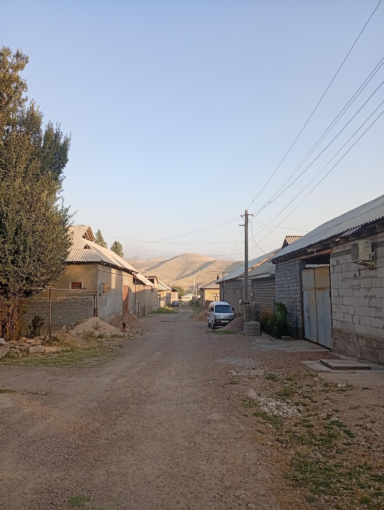 The image depicts a street scene in the city of Angren, Uzbekistan. The street is unpaved and covered with gravel and dirt. On the left side of the street, there is a large tree and a low, cinderblock wall bordering a property with a house. The house appears to be constructed of concrete with a corrugated metal roof. Further down the street on the left, there are more houses with similar construction.
On the right side of the street, there are buildings made of cinder blocks with corrugated metal roofs. One building has a large metal gate. There is also an air conditioning unit mounted on the exterior wall of one of these buildings. Power lines stretch across the sky above the street. In the distance, rolling hills are visible under a clear blue sky.
There are two vehicles visible: a white minivan parked on the right side of the street and another vehicle further down the street, also on the right. A person, possibly a child, is visible sitting on the ground on the left side of the street, near a pile of dirt and building materials. The scene appears to be in the late afternoon or early evening, given the lighting conditions.