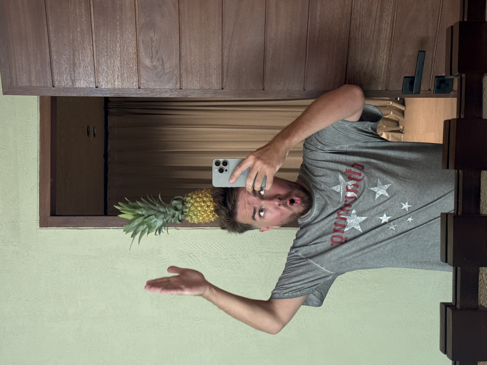 A fair-skinned person with short brown hair and a beard is holding a cell phone in their left hand to take a selfie. The person has a pineapple balanced on their head and is pointing at it with their right hand, while wearing a gray t-shirt with silver stars. The background consists of a beige wall, a wooden window frame and door, and a glimpse into the room beyond with neutral-colored curtains. The photo appears to be taken in a room in Kuta Selatan, Indonesia, as the objects and decor suggest it.
