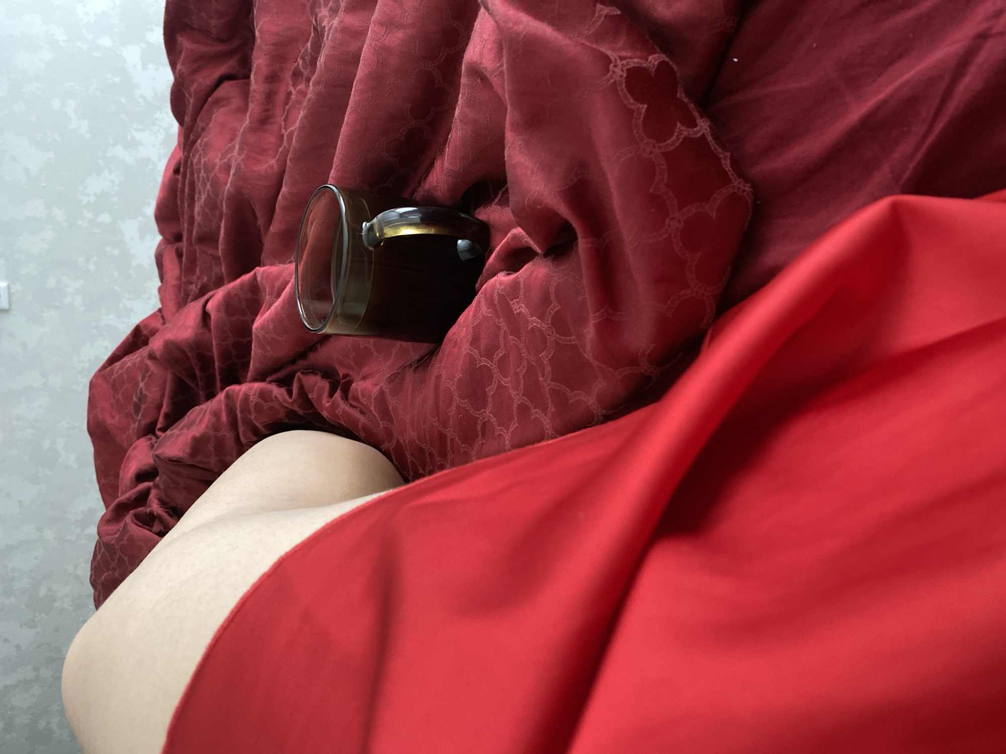 A glass of dark liquid sits on a red patterned blanket next to a bare thigh. The blanket and thigh are partially covered by a red sheet. The location cannot be determined from the provided image.