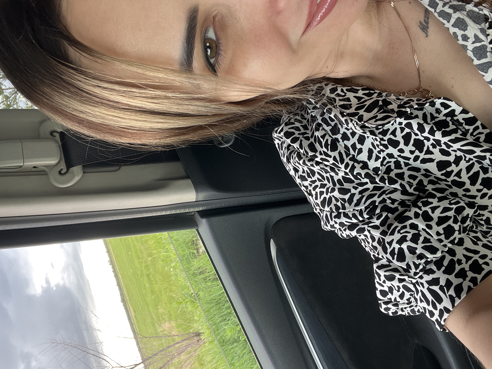 A female subject is depicted from the mid-chest up, seated inside a vehicle, taking a selfie. The right side of her face is visible, featuring brown eyes and a slight smile with parted lips. Her hair is medium brown with lighter blonde highlights, styled to fall around her face. She wears a black and white patterned top with a print resembling abstract blotches, and puffy sleeves. A delicate gold-colored chain necklace is visible on her neck, and a partial text tattoo, possibly reading "Me," is on her upper right chest. Through the open car window on the left, a green field extends towards the horizon under an overcast, cloudy sky. Bare tree branches are visible in the foreground outside the window. The car's interior features a dark gray/black door panel with a horizontal silver trim piece, and a light gray seatbelt mechanism is visible in the upper left background. The location is an unknown rural or semi-rural area.
