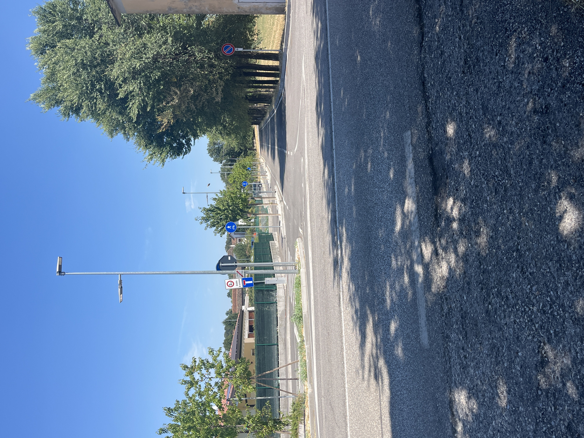 This image captures a street scene in Castiglione delle Stiviere, Italy, on a clear, sunny day. The foreground is dominated by an asphalt road, with shadows from nearby trees dappling its surface. In the mid-ground, a paved intersection is visible, featuring a pedestrian crossing and several streetlights. Traffic signs are present, including a "No Stopping" sign, a "3.5t" weight limit sign, and signs indicating bicycle paths and a one-way street. A row of trees lines the right side of the road, leading into the distance. On the left side of the street, houses with tiled roofs and green fencing are visible. The sky is a vibrant blue, with a few wispy clouds. The overall impression is of a quiet, well-maintained urban or suburban environment.