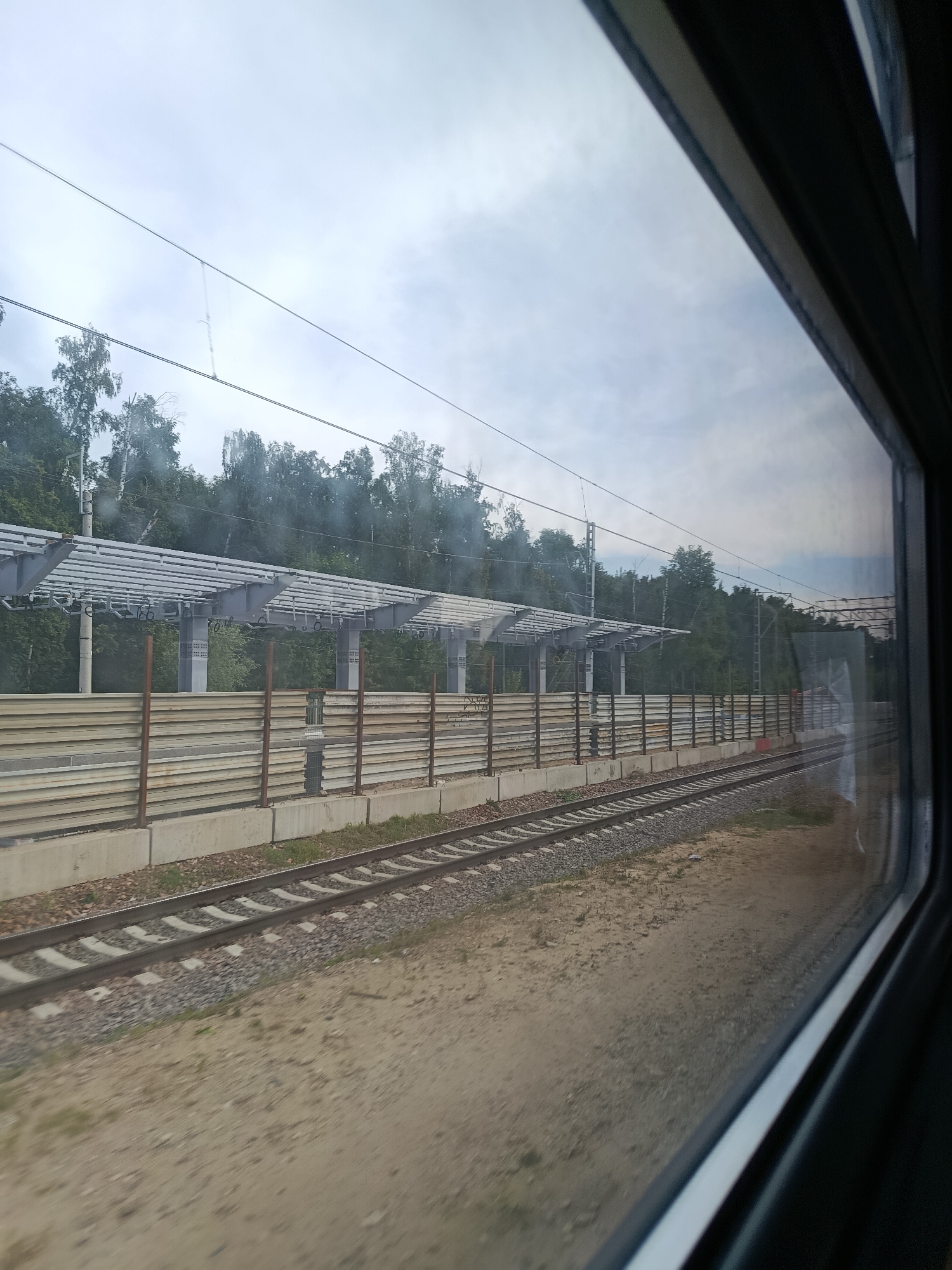 This image, taken from a train window, depicts a railway track adjacent to a station platform and a wooded area. The platform is equipped with a modern, covered structure supported by grey pillars, and is bordered by a corrugated metal fence. Beyond the fence, a dense forest of deciduous trees forms a backdrop. The sky is overcast with a pale, grey hue. The scene appears to be set in Balashikha, Russia, given the context. There are no people visible in the image. The overall environment is that of a suburban or semi-urban railway station surrounded by nature.