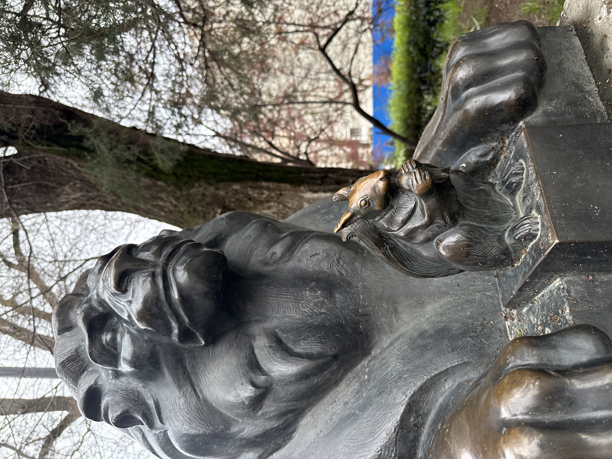 The image features a bronze sculpture depicting a lion with a small bird figure perched on its head. The statue is likely outdoors, as suggested by the presence of trees and greenery in the background. The city location is Rostov-on-Don, Russia. The primary objects are the bronze sculpture of the lion and the smaller bird figure. The setting appears to be a park or a public space where the statue is located.