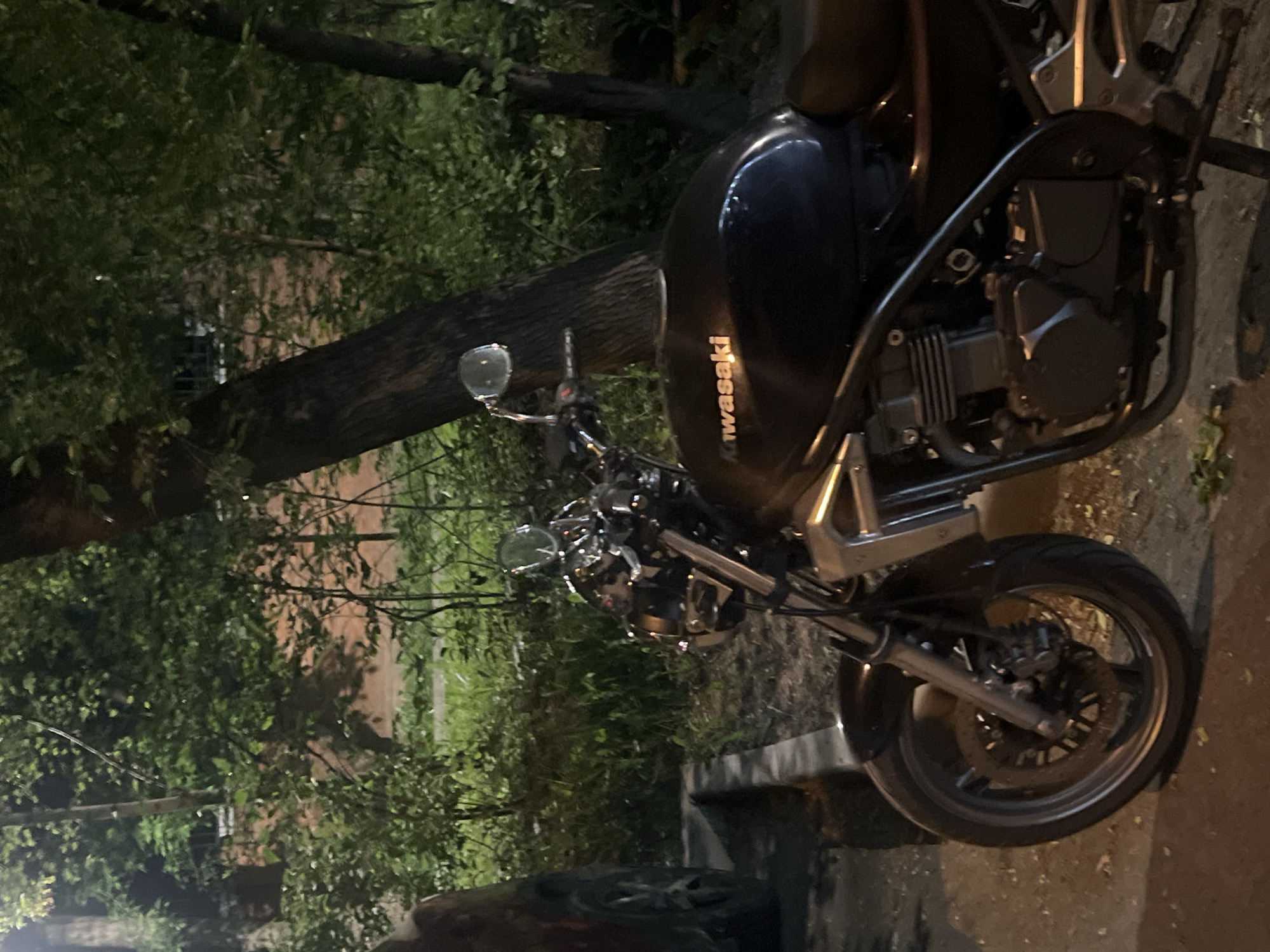 The image shows a Kawasaki motorcycle parked next to a tree in an urban environment, potentially Moscow, Russia. The motorcycle is black, with a visible front wheel and part of the engine. The background features trees and a building. The scene appears to be at night or in low light conditions.