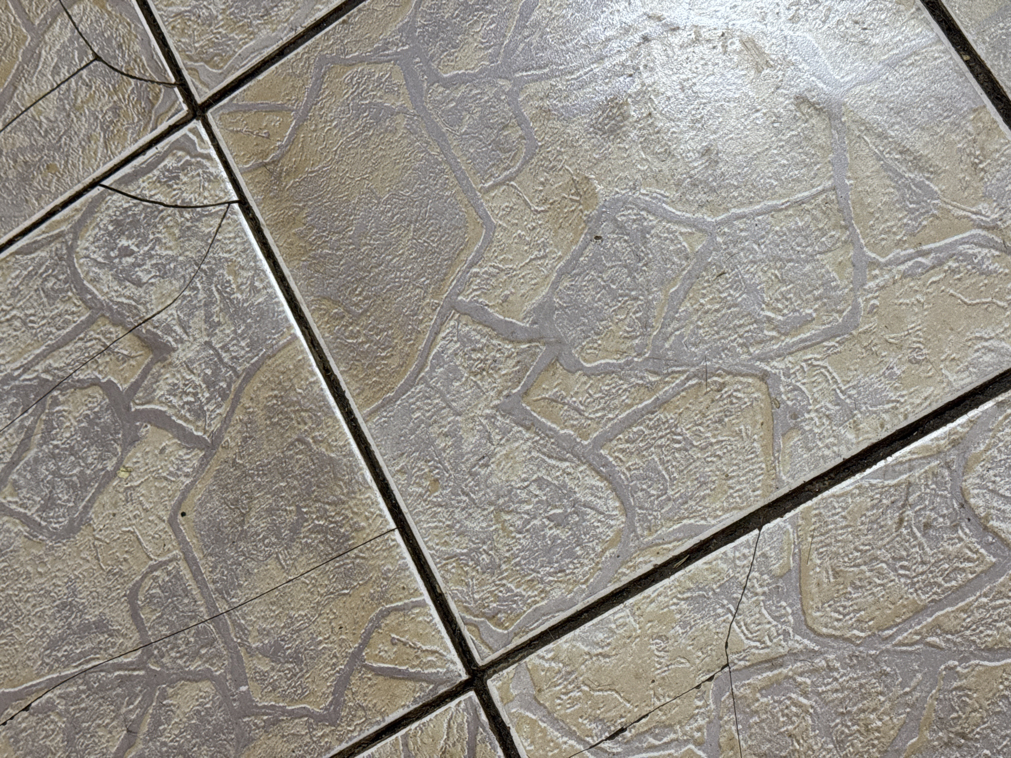 This is a close-up, high-angle shot of cracked, beige and grey patterned floor tiles with dark grout lines. The tiles have a textured surface that mimics natural stone. The image is focused on the details of the cracks and the tile pattern, with no visible people or other objects. The scene is not identifiable as being in the city of Rusalevka, Russia.