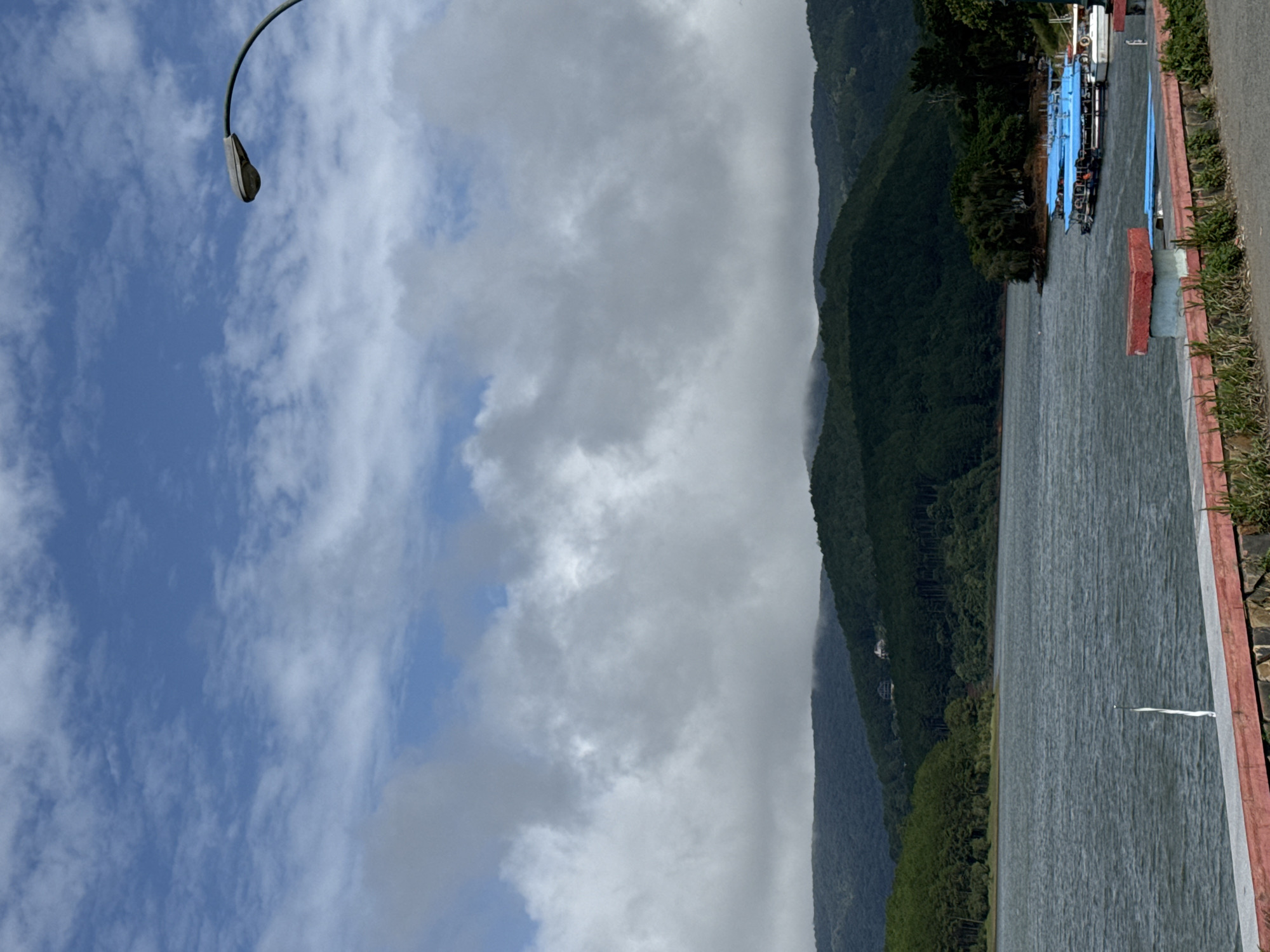 The image depicts a serene lakeside scene in Dalat, Vietnam, likely at Xuan Huong Lake. In the foreground, a paved walkway with a red-bordered retaining wall separates the viewer from the water. A single lamp post arches over the scene from the upper right corner. The lake itself is calm, with gentle ripples on its surface. Moored along the far shore are several boats, most notably a line of blue-covered vessels that appear to be pleasure boats or ferries.
Behind the lake, rolling green hills covered in dense forest rise towards the horizon. The sky above is a mix of blue and white clouds, with some areas of heavier cloud cover obscuring the distant hilltops, suggesting a potentially overcast or transitioning weather pattern. The overall impression is one of natural beauty and tranquility, a popular spot for recreation and sightseeing in Dalat.