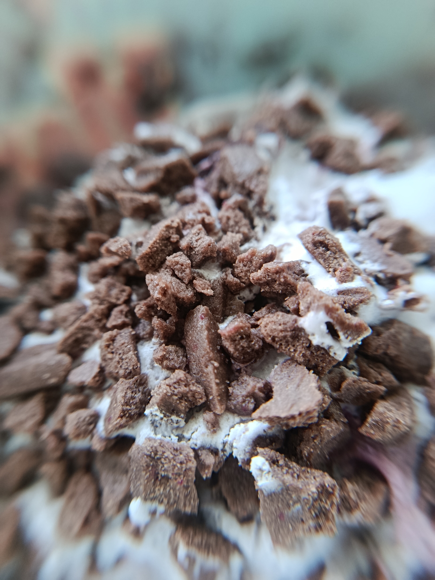 This is a close-up, macro photograph of chocolate crumbles sprinkled over a white, creamy substance, likely ice cream or whipped cream. The chocolate pieces are irregular in shape and size, with a textured, crumbly appearance. Some of the white substance is visible peeking through the chocolate, and hints of a reddish-purple hue can be seen beneath the white in some areas, suggesting it might be part of a dessert like ice cream with a fruit swirl. The lighting is bright, highlighting the textures of the chocolate and cream. The focus is shallow, with the foreground elements sharp and the background blurred, creating a bokeh effect. There is no visible text, and the scene does not provide any specific cues about the time of day, weather, or a precise location beyond it being a food item. The image focuses entirely on the texture and visual appeal of the dessert.