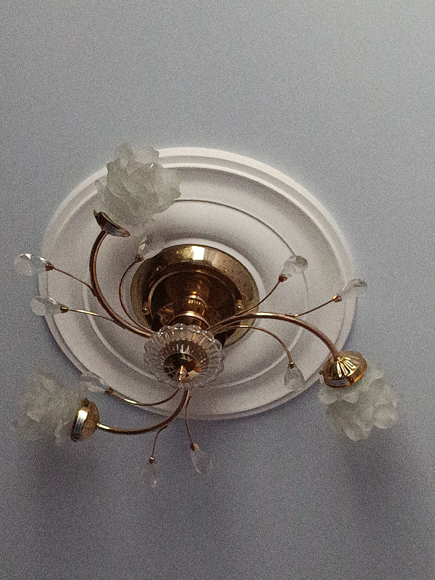 An ornate brass chandelier with frosted glass floral-shaped shades hangs from a white ceiling medallion. The chandelier has multiple arms that curve outward, each ending in a decorative shade. Crystal pendants dangle from some of the arms. The ceiling is a light blue-gray color. The image appears to be taken indoors, likely in a residential or public space. This specific scene has no discernible elements to place it in Martuni, Armenia.