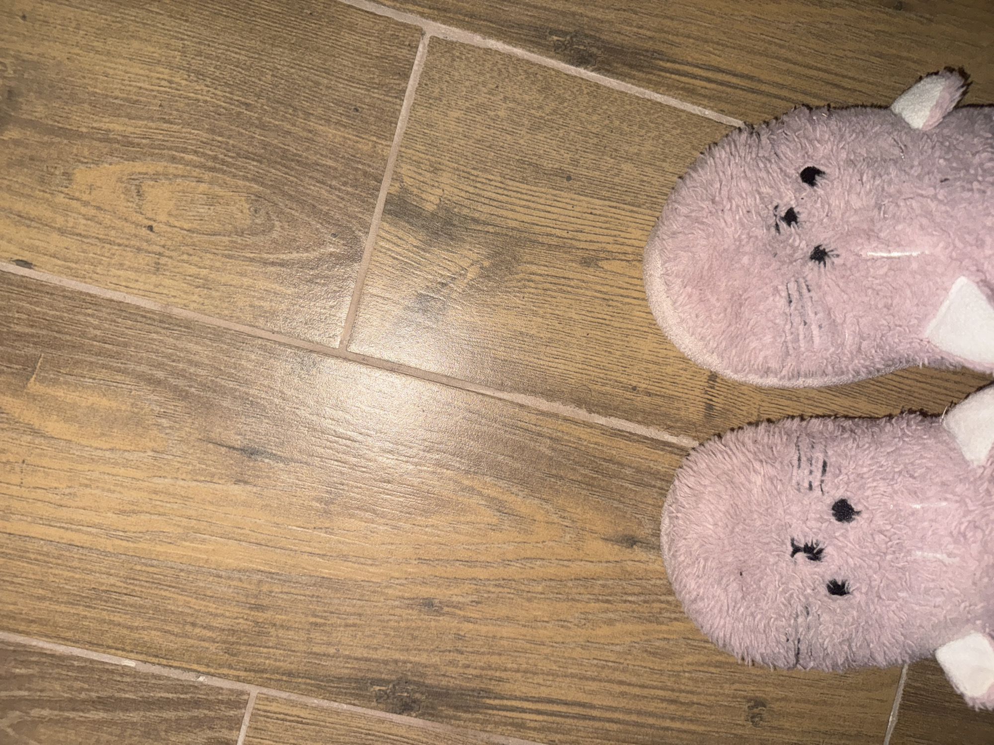 The image shows a pair of pink, fuzzy slippers with cartoonish facial features (eyes, nose, whiskers) on a floor made of wood-look tiles. The tiles are arranged in a grid pattern and have a light brown color with darker wood grain patterns. The slippers are positioned on the right side of the frame, with the left side mostly occupied by the tiled floor. The setting is a domestic interior. The location in the city of Varna, Bulgaria, is not determinable from the image.
