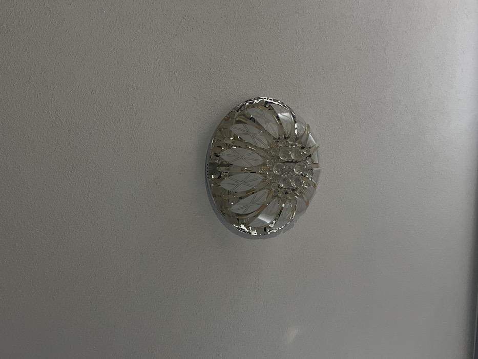 An upward-facing photographic image captures an interior ceiling in Bukovo, Bulgaria. The primary subject is a flush-mount or semi-flush-mount ceiling light fixture, positioned slightly off-center towards the lower-middle of the frame. This fixture is circular, featuring a polished silver-toned metallic base and a radial arrangement of translucent glass or acrylic elements. These elements are shaped like stylized petals or leaves, some frosted with etched linear patterns, surrounding a central cluster of multiple small, clear spherical crystal or glass adornments. The ceiling itself is a flat, light grey or off-white surface with a discernible textured finish. No individuals, overt actions, or interactive elements are present in the scene.