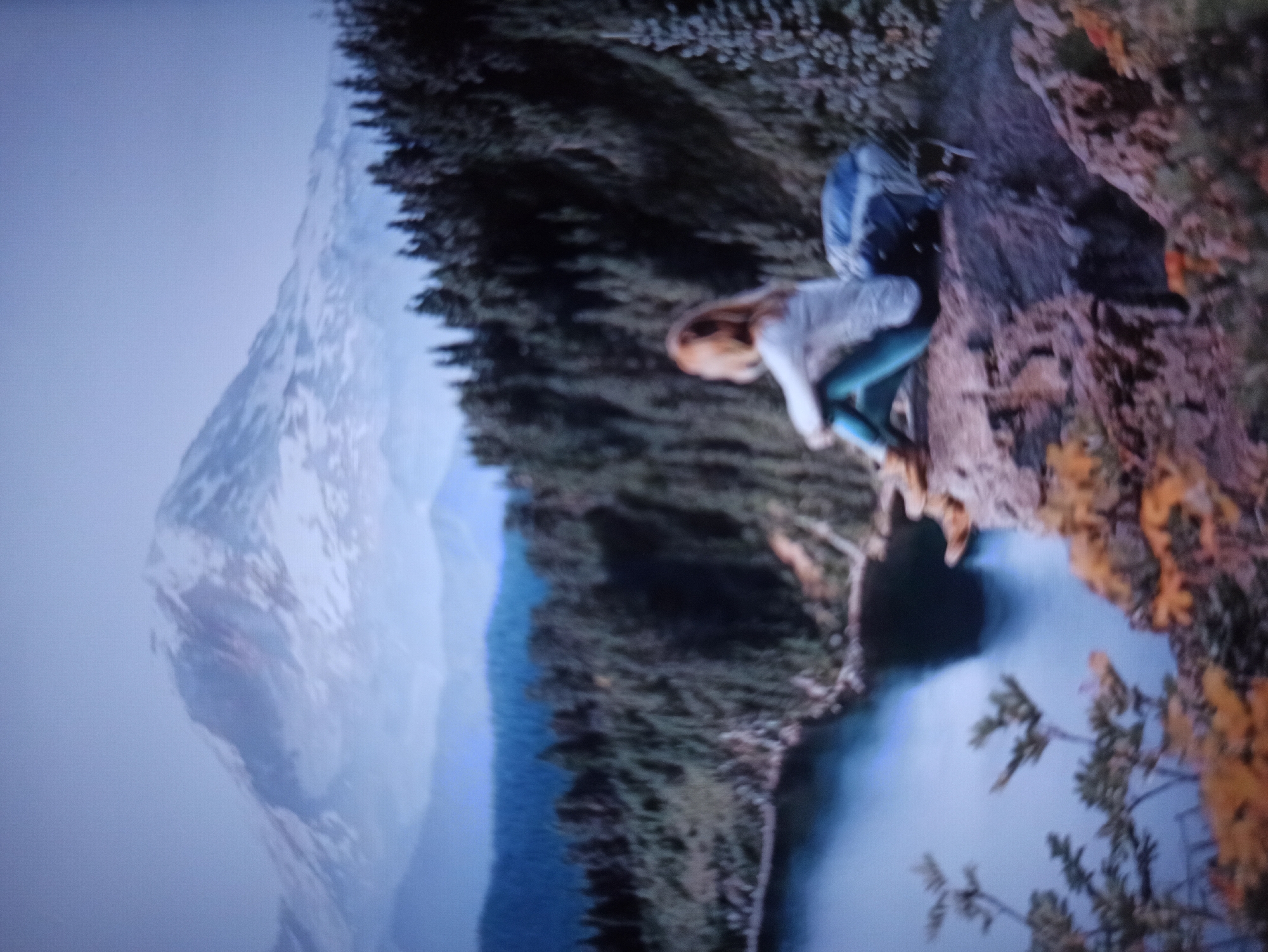 The image depicts a solitary figure, a person with blonde hair, sitting on a rocky ledge overlooking a body of water. The individual is wearing a light-colored top and teal-colored pants, with hiking boots. Next to them is a blue backpack. The background features a dense forest of evergreen trees, with a snow-capped mountain range in the distance under a hazy sky. The foreground shows some autumn foliage and foliage on the rocky ledge. The scene is a natural landscape, likely a mountainous region. There is no indication that this scene is located in the city of Balakliya, Ukraine.