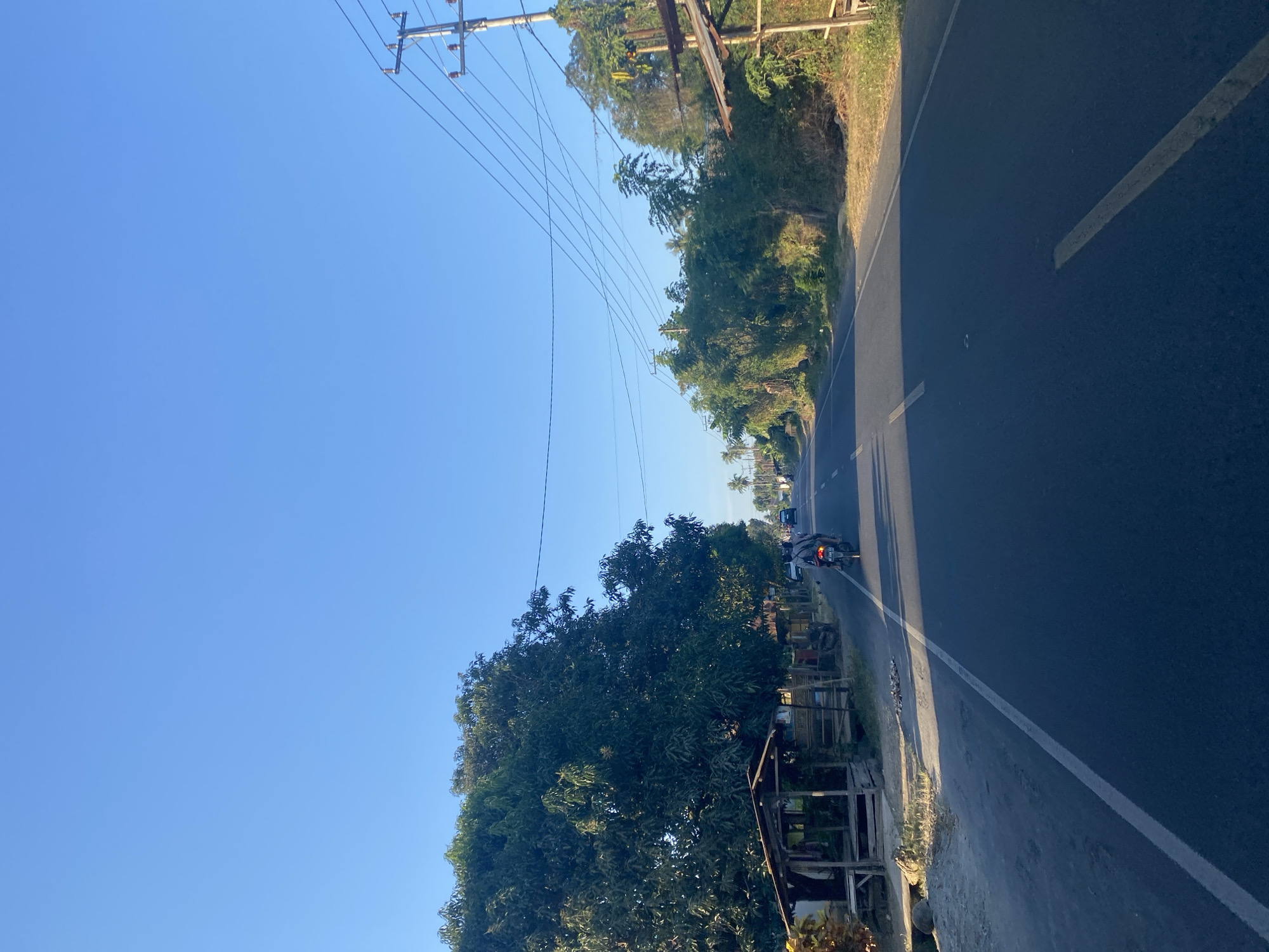 This image depicts a paved road in Palambarae, Indonesia, under a clear blue sky. On the left side of the road, there is a large, dense tree with lush green foliage, and a small, open-sided wooden shelter with a thatched roof. Further down the road on the left, there are other structures and vegetation. On the right side of the road, there are utility poles with multiple wires crisscrossing the scene, and dense green foliage and trees. A few vehicles are visible on the road, including a motorcycle carrying two people in the foreground, and other cars in the distance. The road has a white dashed line marking the lane. The overall impression is of a sunny day in a semi-rural or suburban area with active road traffic.