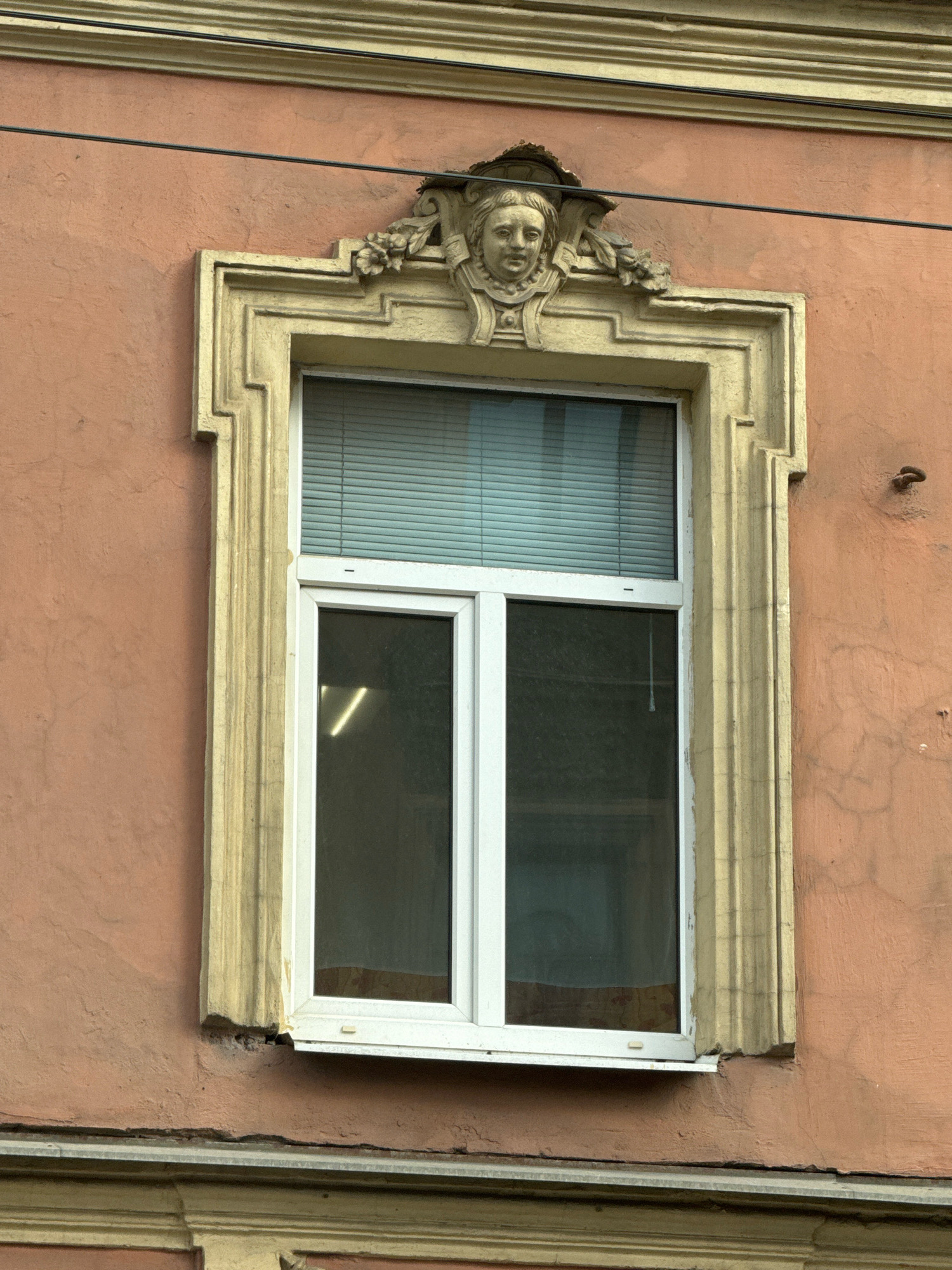 The image shows a window on the facade of a building in Saint Petersburg, Russia. The window is rectangular with a white frame and is divided into two panes. The upper pane has horizontal blinds, while the lower pane is dark and reflects the interior. The window is set within an ornate yellow stone frame featuring decorative carvings, including a human face at the top. The wall of the building is a muted salmon color with a textured finish. A dark electrical wire runs horizontally across the top of the window. Below the window, there is another decorative architectural element, a horizontal band with molding. The overall impression is of an aged building with classical architectural details.