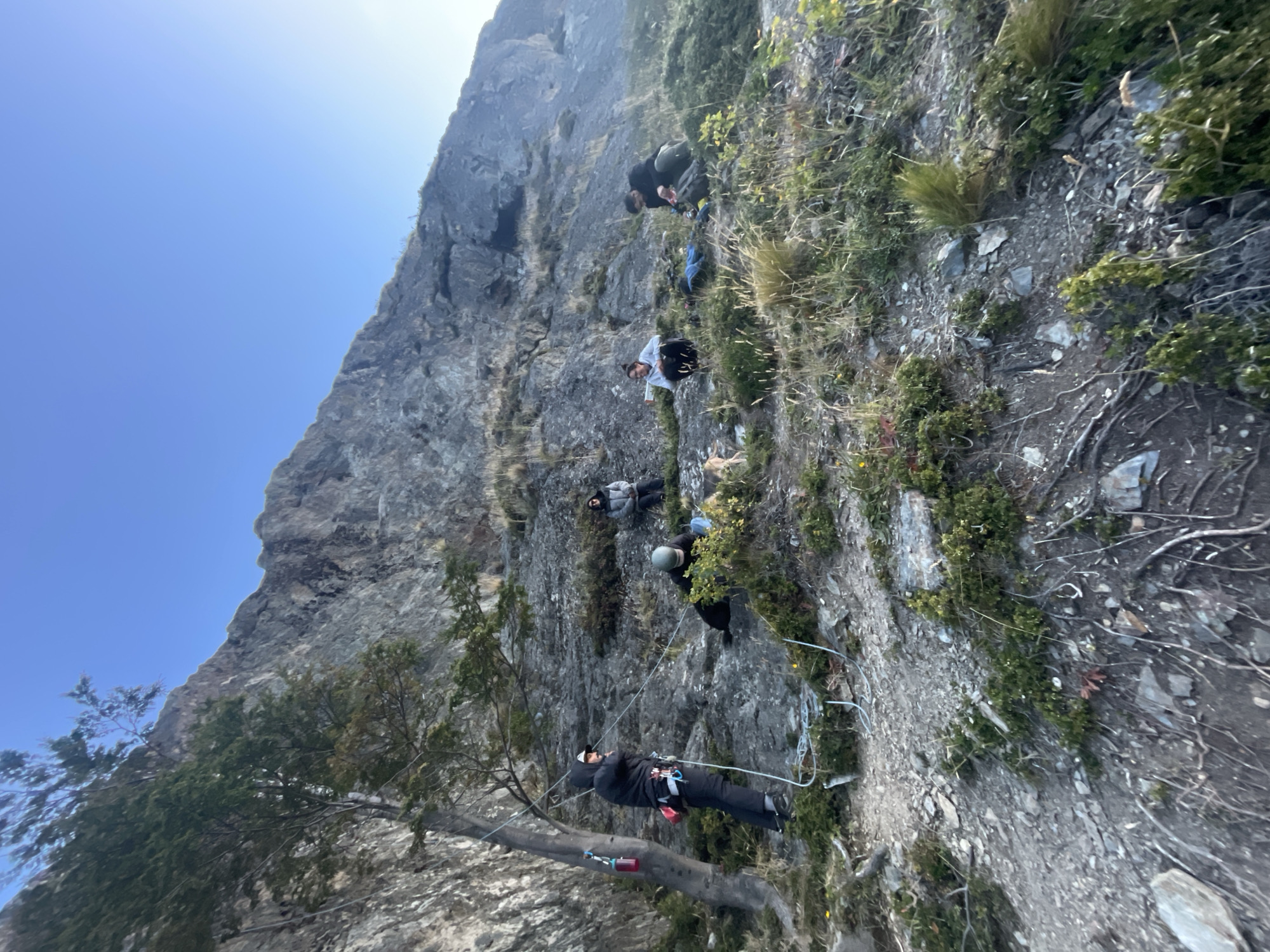 The image shows a group of people rappelling or rock climbing on a steep, rocky mountainside. They are wearing harnesses and using ropes, which are visible. Some are perched on small ledges or outcroppings. The environment appears to be rugged with sparse vegetation. The scene is outdoors, under a clear blue sky. A tree branch is visible in the foreground. I cannot pinpoint the specific location in Ushuaia, Argentina, based solely on the visual information available.