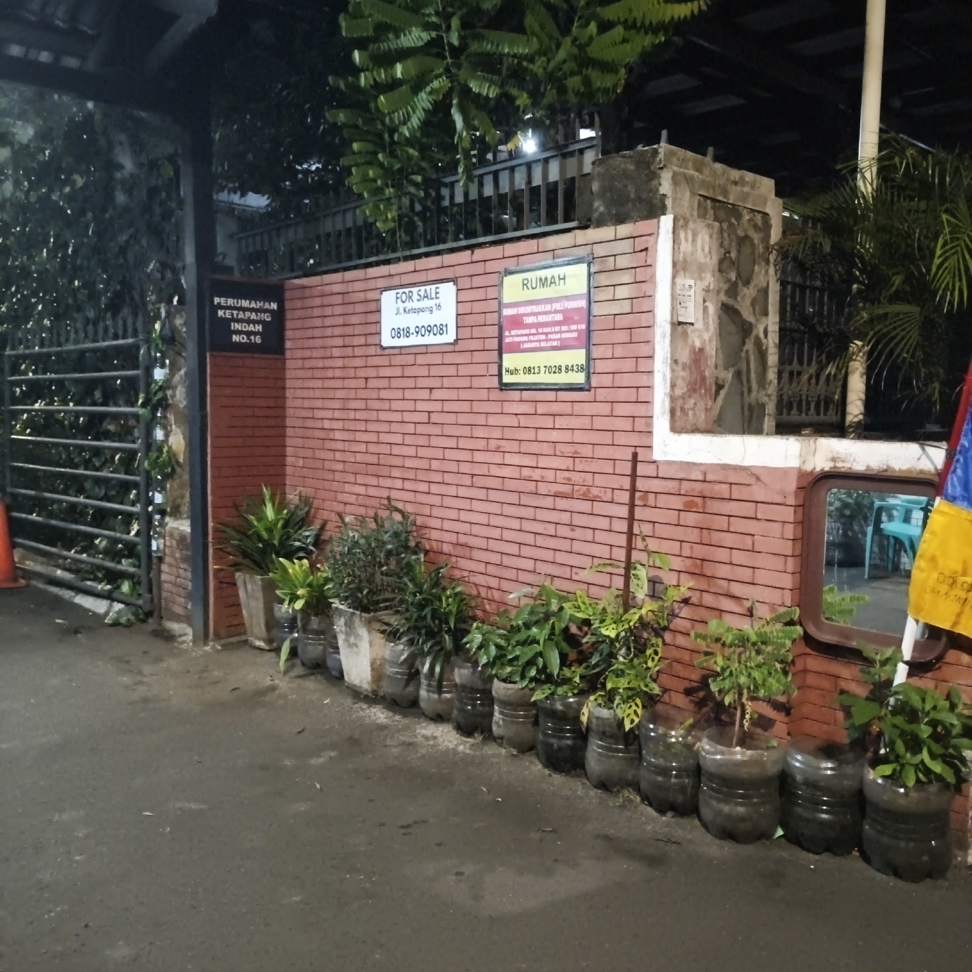 The image depicts a section of a brick wall in South Jakarta, Indonesia, at an outdoor location, likely in front of a residential property. A dark, wrought-iron gate is visible on the left, with an orange cone placed near it. The brick wall is adorned with two signs. The left sign, in a white rectangular frame, reads "FOR SALE" with the address "Jl. Ketapang 16" and the phone number "0818-909081." To the right of this is a larger sign with a yellow border, which says "RUMAH" (House) and "RUMAH DIKONTRAKKAN (FULL FURNISH) TANPA PERANTARA" (House for rent (full furnish) without intermediary). Below this, the address "JL. KETAPANG NO. 16 KAV. 9 RT 001/RW 010 JATI PASAR MINGGU - PASAR MINGGU (JAKARTA SELATAN)" is listed, along with a hub phone number "0813 7028 8438."
Along the base of the brick wall, a row of potted plants is arranged. These plants are in various containers, many of which appear to be repurposed plastic bottles cut in half. The plants vary in size and species, with some appearing leafy and others more shrub-like. The ground in front of the wall is an asphalt surface, suggesting it's a road or driveway. In the background, foliage from trees is visible, and a portion of a roof structure is present above the brick wall. A dark, somewhat rough concrete structure is attached to the right side of the brick wall. A small, rectangular mirror is mounted on this concrete structure, reflecting a turquoise chair. A red, blue, and yellow flag is partially visible hanging from a pole on the far right. The lighting suggests it may be dusk or night, as the scene is moderately lit.