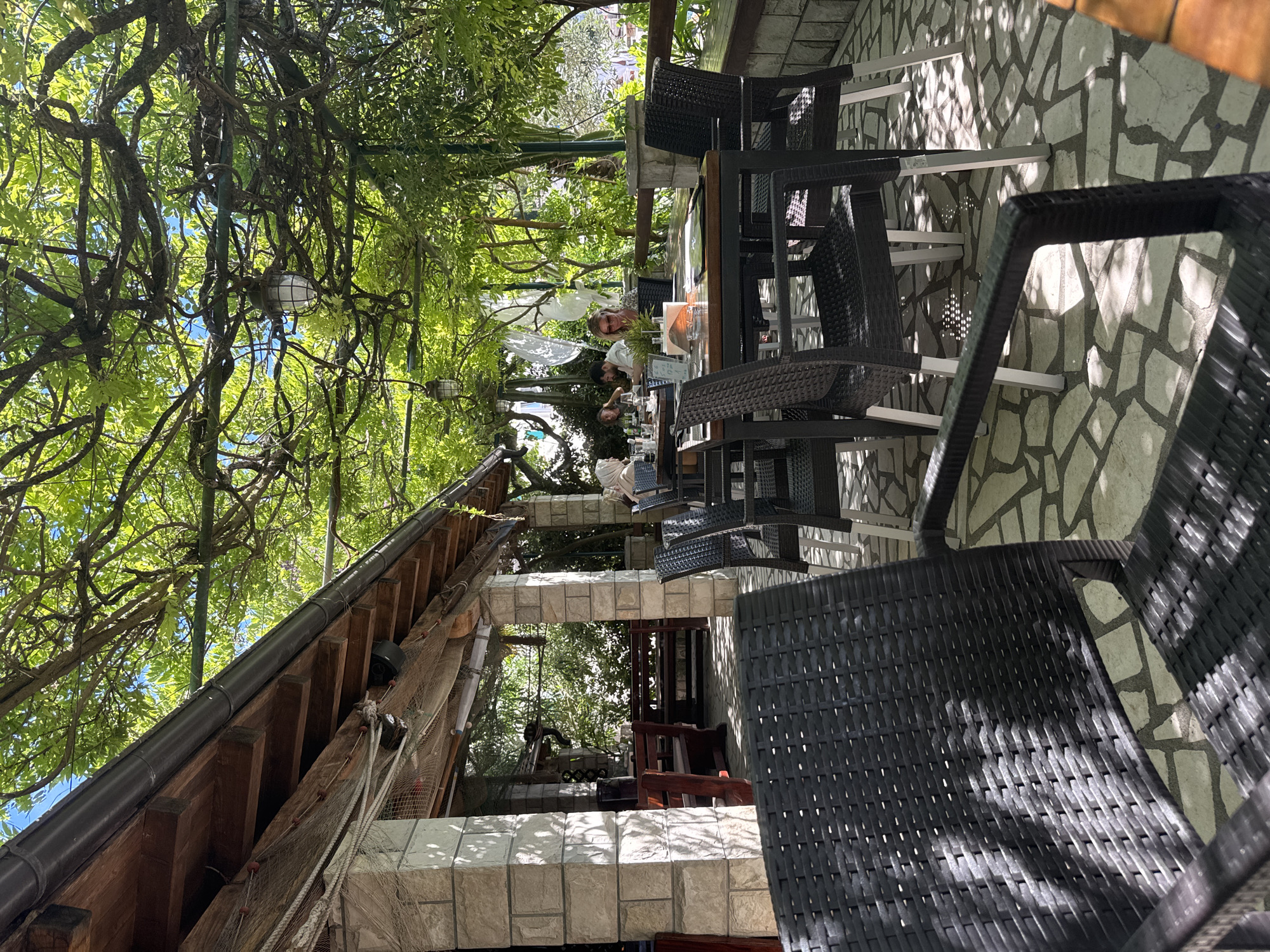 The image displays a vibrant outdoor dining area, likely a restaurant or cafe patio, heavily shaded by a dense canopy of green leaves and intertwining vines. Sunlight filters through the foliage, casting intricate dappled shadows on the irregularly shaped, light-colored stone-tiled floor.
Several dark, woven tables and chairs are set up, inviting patrons to relax. In the mid-ground, people are seated at tables; one individual with blonde hair and sunglasses is clearly visible, facing towards the viewer, while others are partially obscured. Glassware and dishes are present on the tables, suggesting dining or beverage service.
Overhead, rustic globe-style light fixtures are suspended among the thick branches. On the left side of the frame, a wooden structure with a black pipe running along it is visible, adorned with a fishing net and floats, indicating a potential coastal or nautical theme. Stone pillars and walls form parts of the structure.
The scene takes place during a sunny day, with glimpses of a clear blue sky through the leaves. The ambiance is relaxed and comfortable, offering a shaded retreat. No visible text is present in the image.