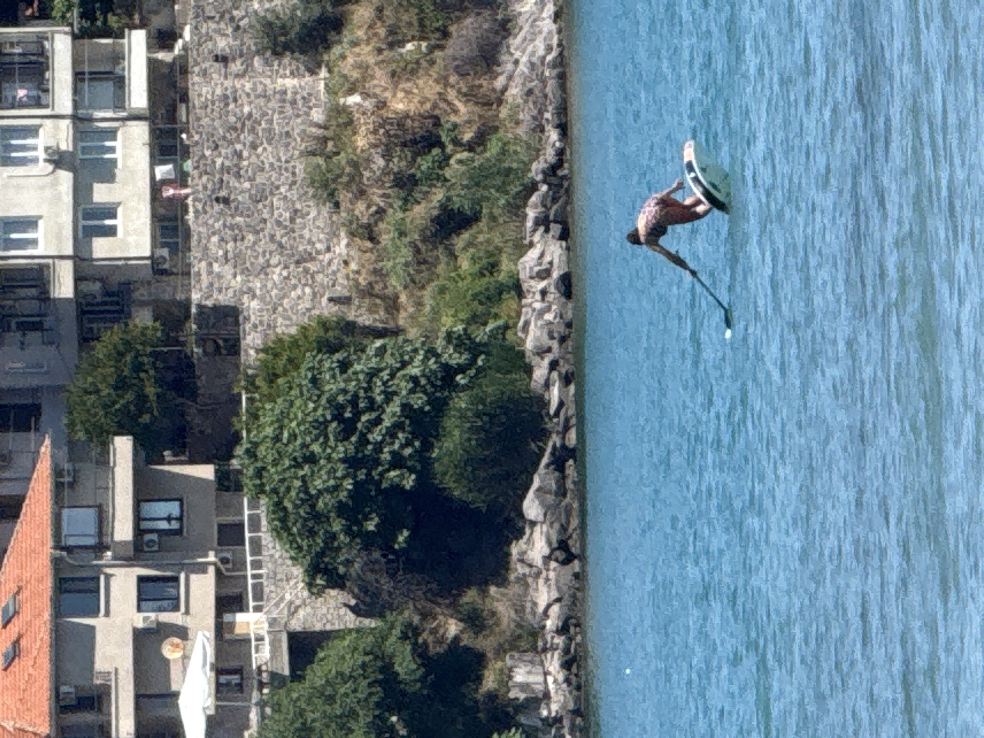 An individual is stand-up paddleboarding on a body of water. The person is wearing a patterned swimsuit and is holding a paddle. The paddleboard is white with black accents. In the background, there is a rocky shoreline with green foliage and buildings situated on a hill. The buildings appear to be a mix of residential structures with red-tiled roofs and lighter-colored facades. The water is a clear blue. The scene is likely the coast of Sozopol, Bulgaria, a town known for its picturesque coastline and historic architecture.