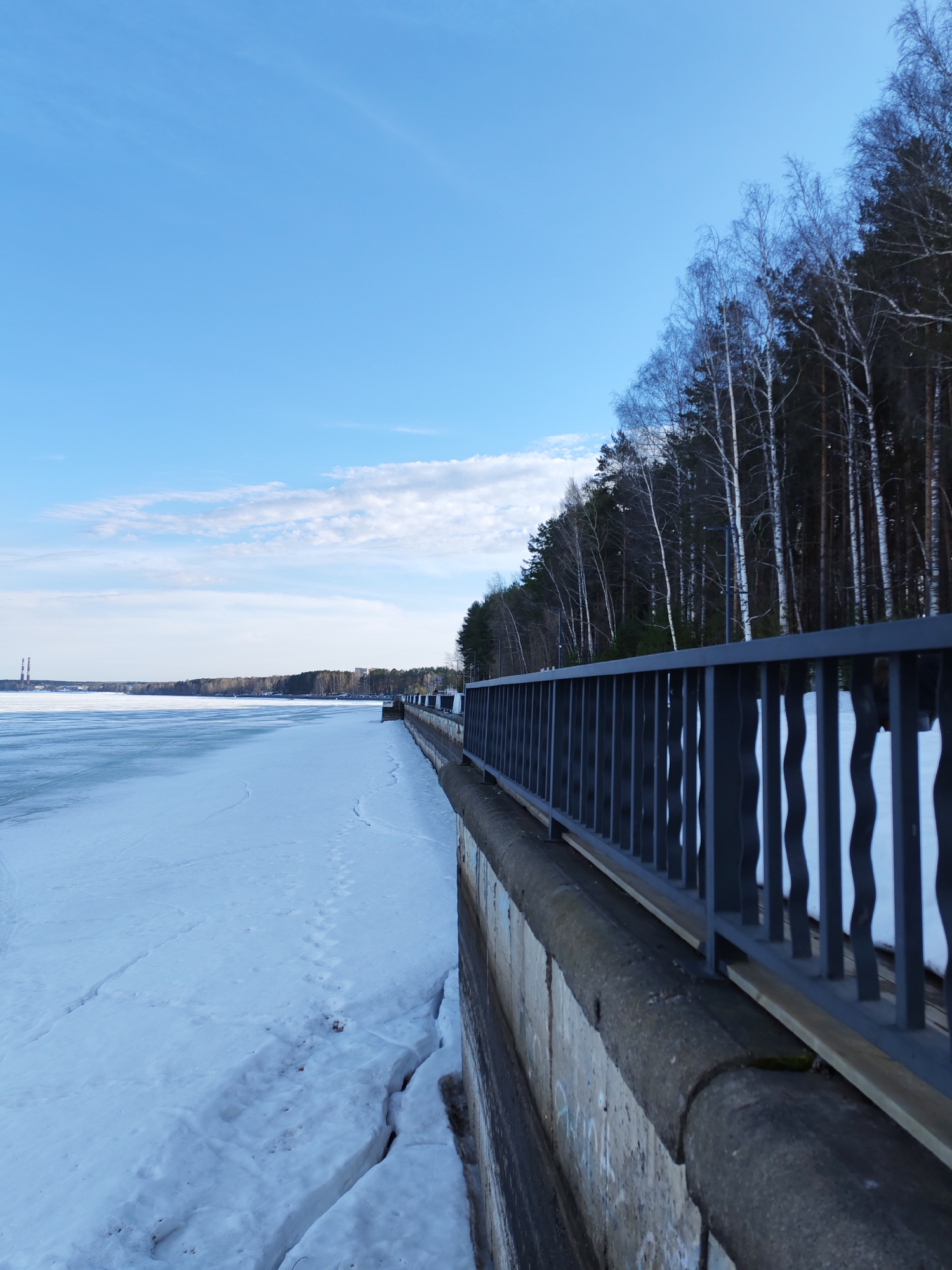 The image depicts a frozen body of water (likely a river or lake) in Chaikovsky, Russia. A concrete embankment with a dark metal railing runs along the right side of the frame. On the right of the embankment are trees (birch and pine) line the shore. The ice is cracked and covered in snow, with footprints visible on the left. In the distance, there are structures including two tall towers. The sky is blue with some light clouds. The scene suggests a winter setting.