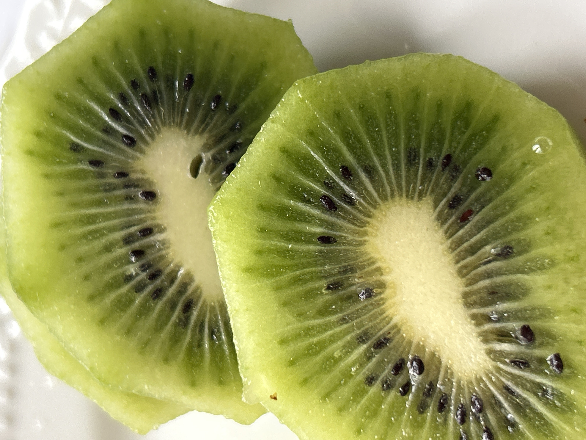 The image shows two slices of kiwi fruit. The slices are pale green with radiating lines of translucent green flesh and small black seeds. The central part of each slice is a pale yellowish-white. The background is plain and white. The image provides no information about the location being Plovdiv, Bulgaria. There are no people, actions, or interactions visible in the image.