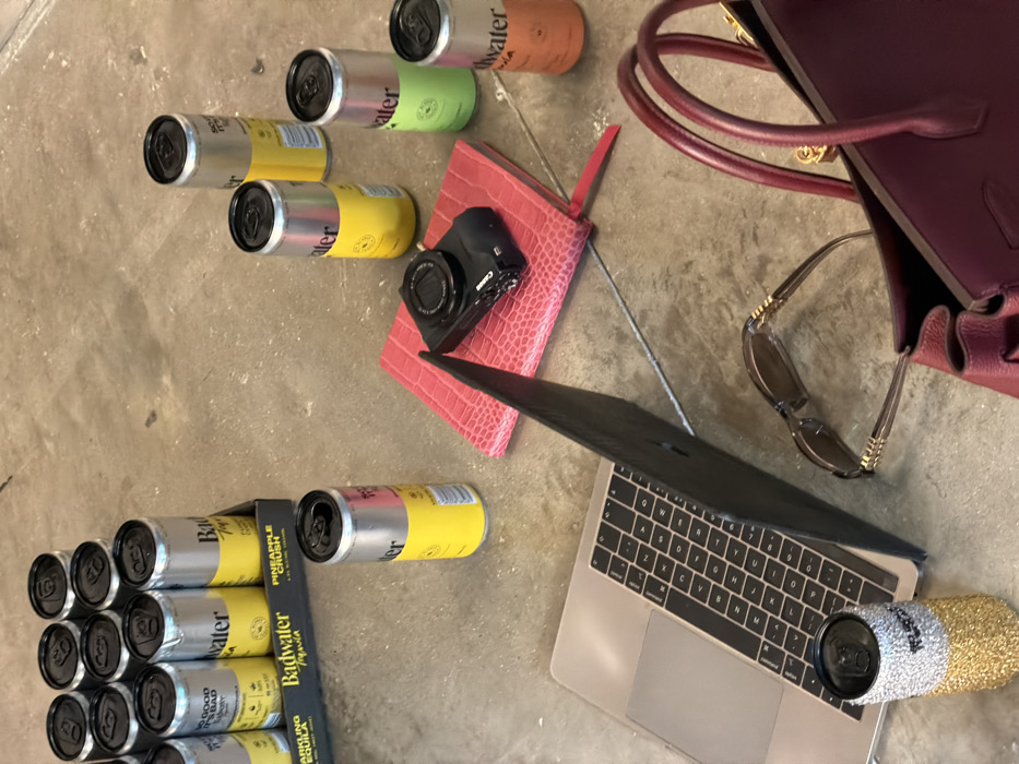 On a concrete surface, a collection of items is arranged, including a case of Badwater beverages in various fruit flavors, several individual cans, and a gold-covered can. A black camera rests on a pink case, and an open laptop is positioned beside them. A burgundy purse and sunglasses are also present, creating a scene of modern, stylish, and functional everyday objects.