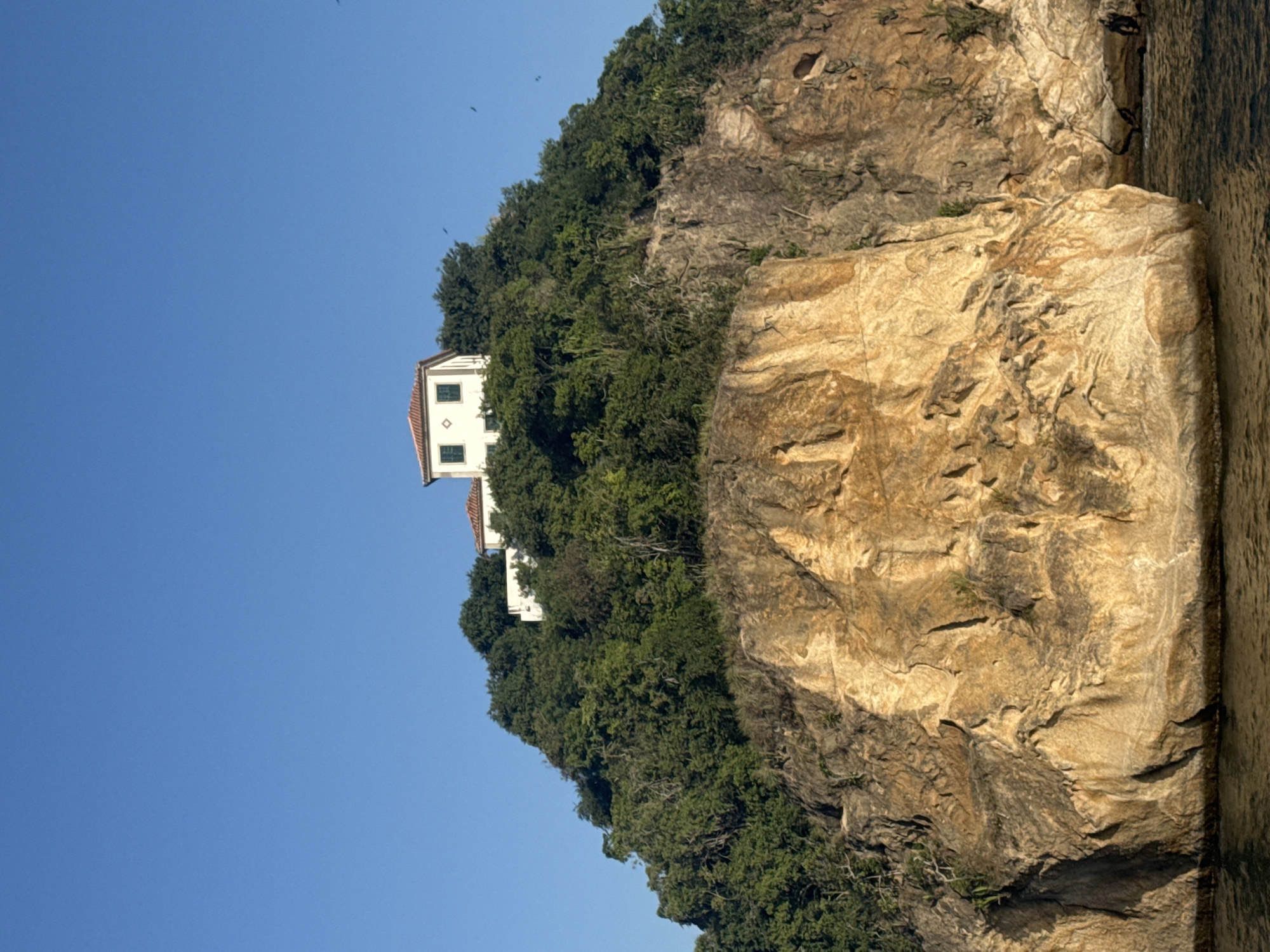 A white two-story house with a red tile roof sits atop a heavily wooded, rocky cliffside overlooking a body of water. The house has two green-shuttered windows on the second floor and a single window on the first. Several black birds are visible in the clear blue sky above the cliff. The rocky cliff is a warm, sandy color with rough, textured surfaces and patches of green vegetation. The water in the foreground is dark and appears to be choppy. The scene is likely taken from a boat or from the water's edge, looking up at the cliff and the house.
This scene is characteristic of the landscape found in Niterói, Brazil, particularly in areas with steep cliffs and dense vegetation along the coast. The architecture of the house suggests a residential dwelling. The presence of the rocky cliff and the water indicates a coastal or bay environment within the city.