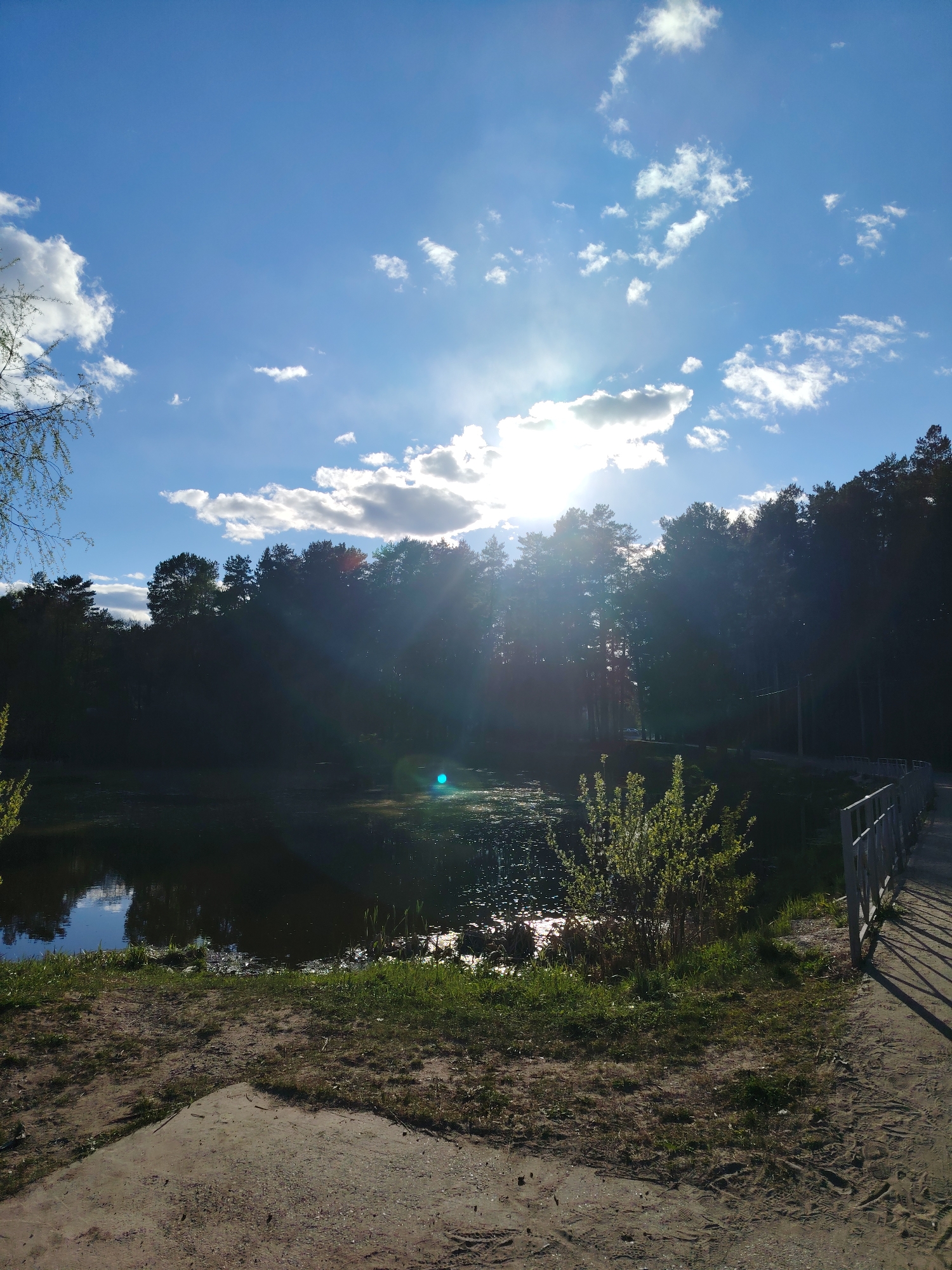 The image shows a view of a lake in Chaikovsky, Russia, under a bright, sunny sky with scattered white clouds. The sun is positioned behind the treeline in the background, creating strong rays of light shining through the trees. A body of water, likely a lake, is visible in the midground with reflections of the sky and trees. The lake's surface is dark, with some brighter areas reflecting sunlight. In the foreground, there's a dirt and grass bank leading down to the lake, with vegetation growing along the edge. A section of a bridge with metal railings is visible on the right side of the frame, casting shadows on the ground. The overall scene is a natural, outdoor setting in a park or recreational area.