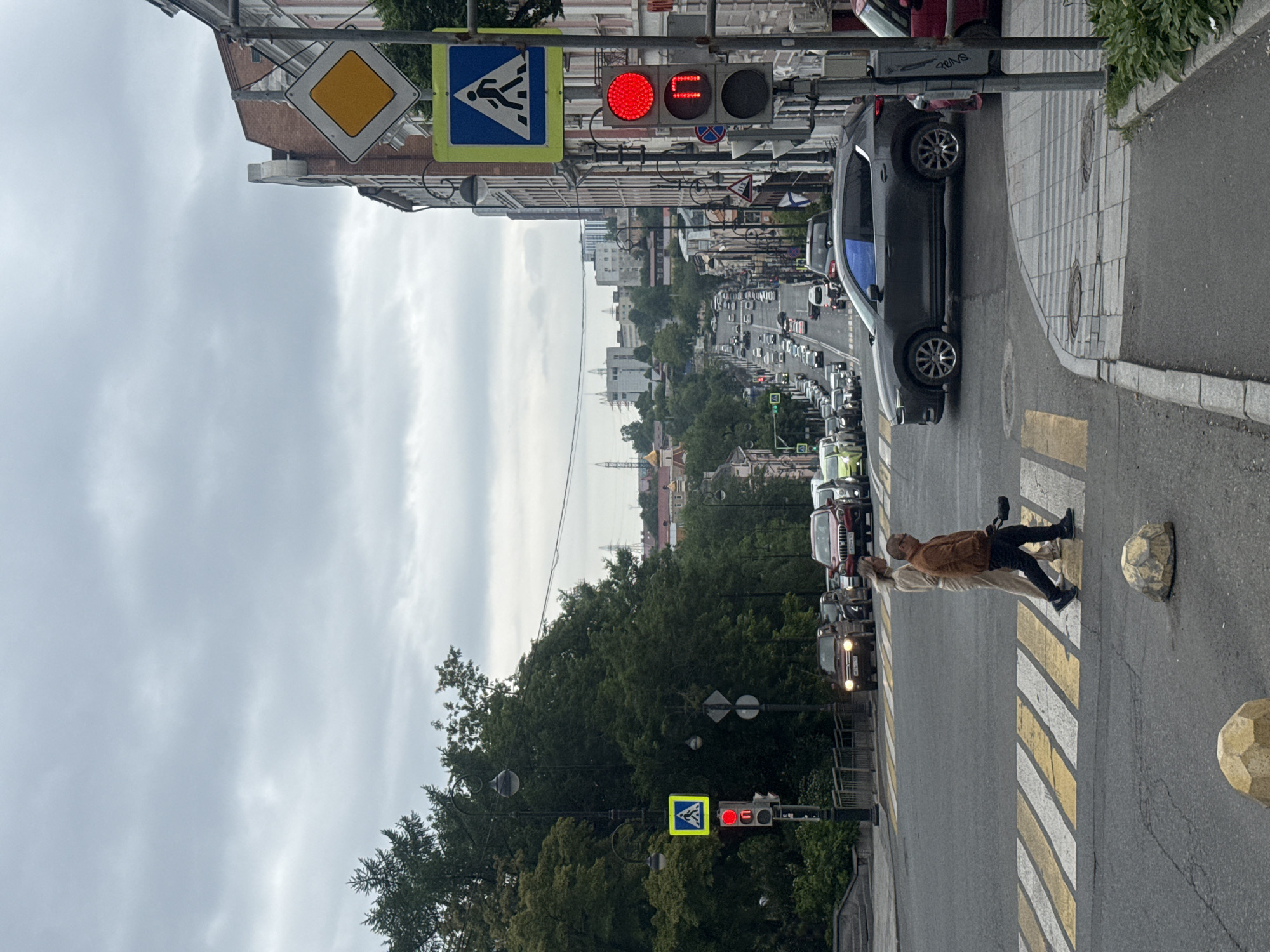 This is a vertical, eye-level, medium shot captured on an overcast day in Vladivostok, Russia. The scene depicts a busy, downward-sloping city street with a prominent pedestrian crossing in the foreground. Two individuals, a man in an orange jacket and dark pants carrying a black bag, and a woman in a beige outfit, are crossing the street from left to right. Several cars are visible on the street, including a dark SUV in the middle ground and a red car on the right. Traffic lights and street signs are present. The buildings lining the street are a mix of architectural styles, with a prominent brick building on the right. Trees and other greenery are visible, particularly on the left side of the street, suggesting a moderately urban environment. In the distance, more buildings and infrastructure can be seen, including power lines. The sky is cloudy and gray. The image appears to have been taken on a street that might be a main thoroughfare or arterial road in the city.