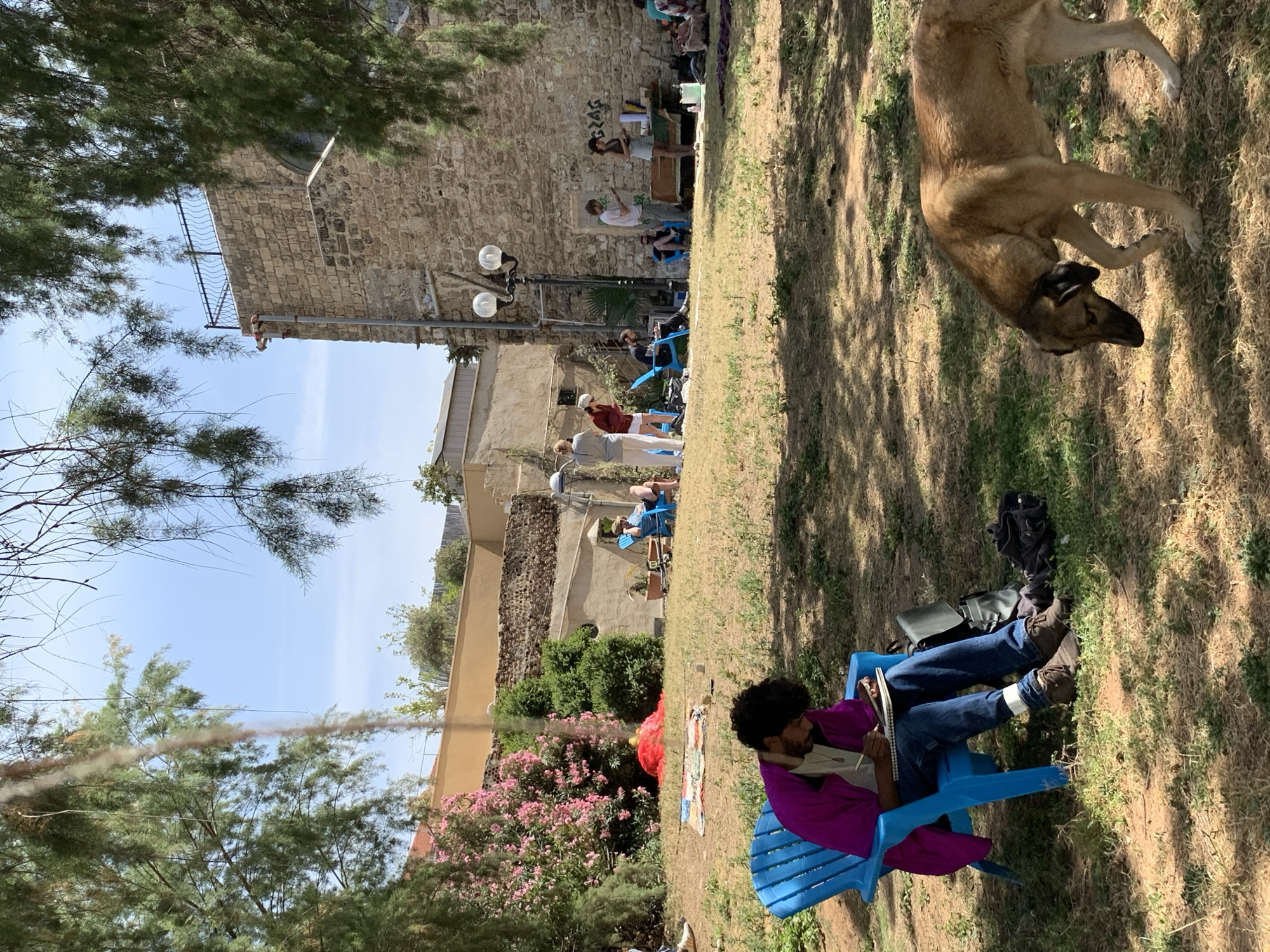 In a park in Tel-Aviv, Israel, a man with dark curly hair sits on a blue plastic chair, reading a notebook. He wears a magenta shirt and blue jeans. His belongings are on the grass next to him.
In the background, several people are seated, listening to a speaker who is standing on a makeshift stage in front of an old stone wall. Street lamps are present.
A dog stands on the upper right side of the image. Trees surround the park. The sky is partially visible. The image has been rotated to the left.