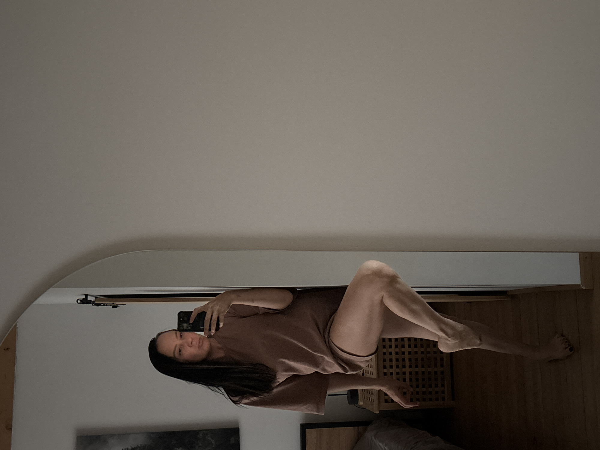 A woman is reflected in a mirror while taking a selfie. She is wearing a brown T-shirt and shorts. She is lying on her side on a bed. A wooden bedside table is next to the bed. A painting hangs on the wall. The location cannot be determined to be the city of Chaikovsky, Russia from the given image.