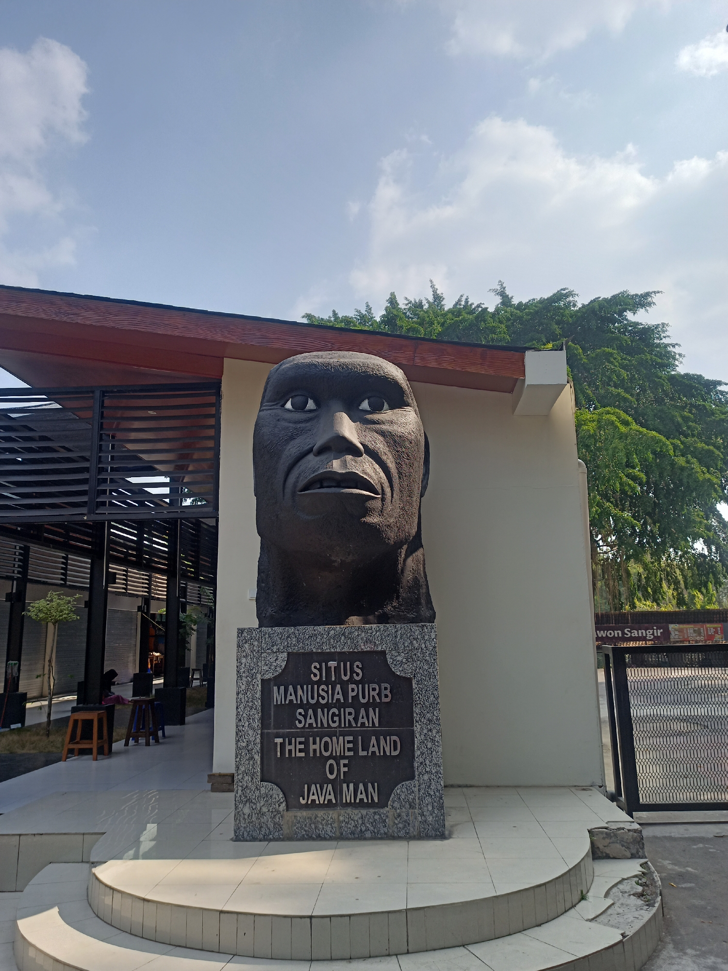 A large, dark sculpture of a human head with a stone plaque at its base stands in front of a modern building in Gondangrejo, Indonesia. The sculpture, weathered and dark, depicts a stern face with distinct eyes and lips. The plaque, mounted on a granite base, reads "SITUS MANUSIA PURB SANGIRAN THE HOME LAND OF JAVA MAN". Behind the sculpture, the building features a white facade with dark-slatted windows and a reddish-brown roof. Lush green trees are visible behind the building, suggesting a semi-urban or park-like setting. The ground in front of the building is paved with light-colored tiles, forming a stepped platform. Sunlight illuminates the scene, casting shadows and highlighting the textures of the sculpture and building.