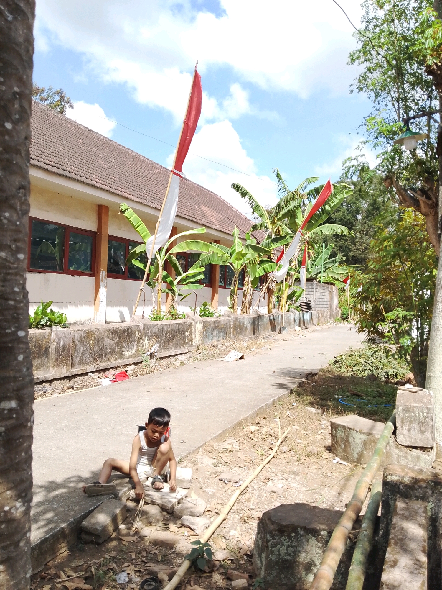 The image depicts an outdoor scene on a sunny day in Karangsari, Indonesia. A young boy, appearing to be of Indonesian ethnicity and wearing a white tank top and shorts, sits on the ground next to a concrete pathway. He is surrounded by a scattering of rocks and debris. His posture suggests he is engaged in some activity with the materials before him.
The background reveals a building with a terracotta tiled roof and beige walls, featuring several windows with red frames. Banana trees with large green leaves are planted along the side of the building, some adorned with red and white Indonesian flags, indicative of a national celebration or observance. The pathway leads away from the building and into an area with more vegetation, including lush green trees and bushes. A lamppost is visible amidst the trees. The ground is a mix of dirt, dry leaves, and scattered debris, suggesting an area that may be used for casual outdoor activities. The overall environment suggests a semi-rural or school setting.