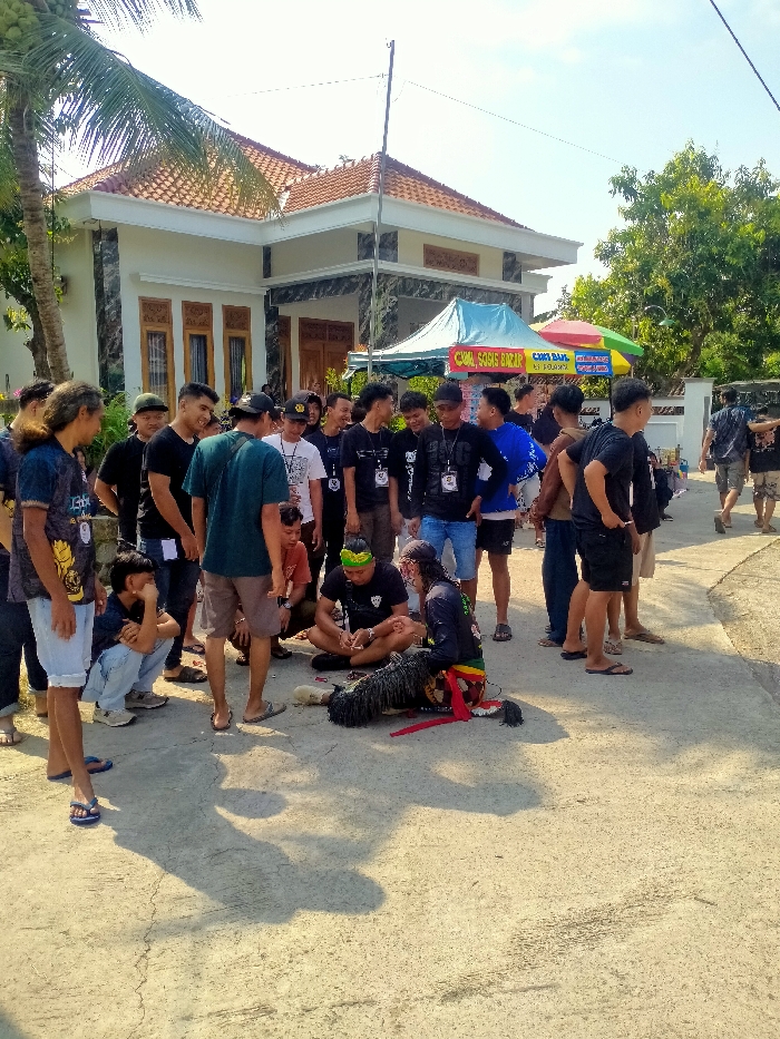The image depicts an outdoor gathering in Sepat, Indonesia, under clear daylight conditions. Approximately twenty-five individuals, predominantly young adult males, are observed on a light-colored paved surface. Central to the scene, one male in a dark shirt and green headband kneels beside another male lying prone, dressed in a dark, shaggy costume with red and green fabric elements, consistent with traditional Indonesian performance attire. Multiple other males stand around this activity, observing. In the background, a two-story residential building with a red tiled roof and light-colored walls is visible to the left. To the right, two vendor stalls operate: a blue tent labeled "CIMI SOSIS BAKAR" and a multi-colored umbrella stall. Palm trees and other foliage are present. Shadows indicate strong overhead sunlight.