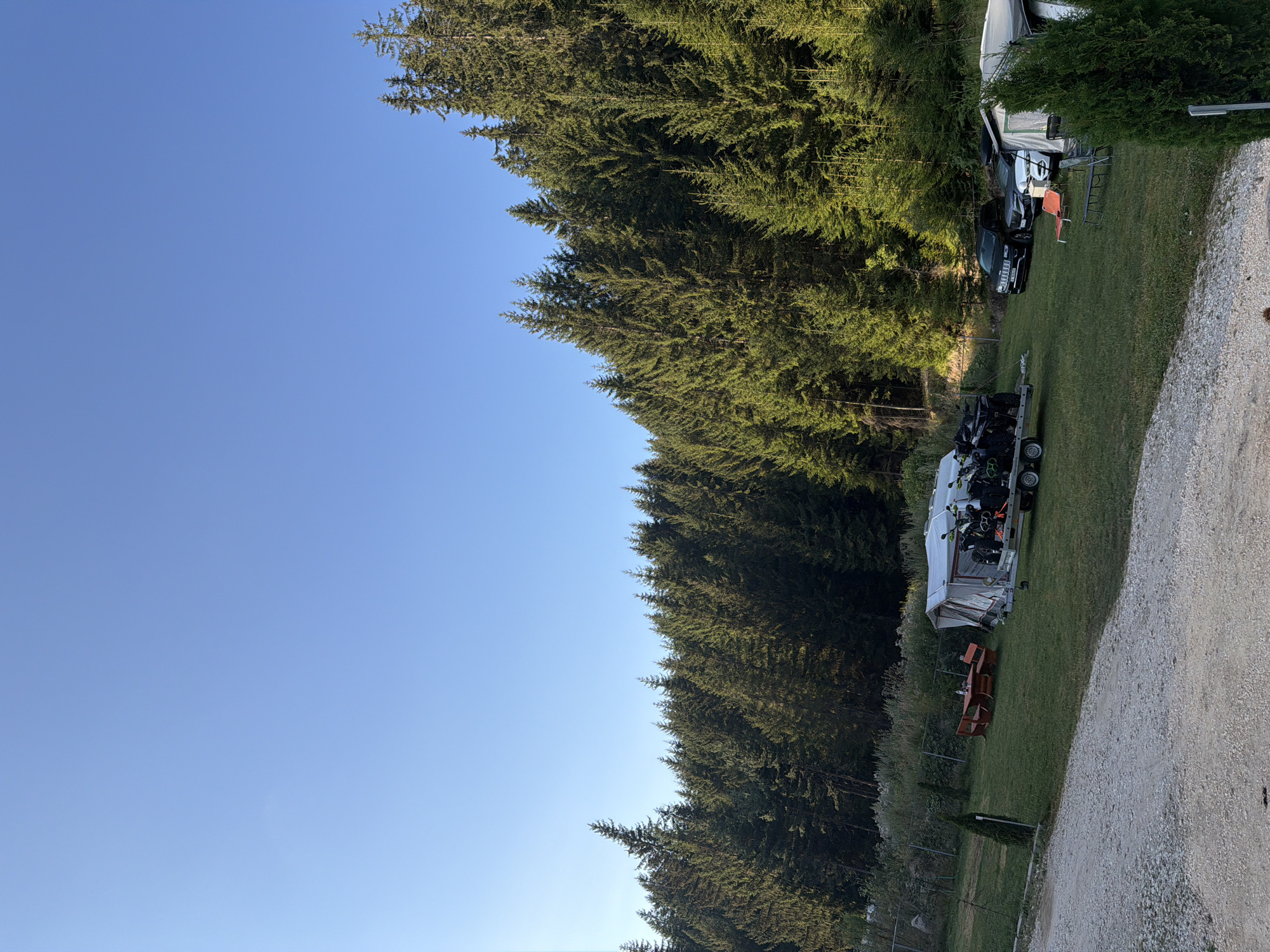 The image depicts a campsite nestled against a dense, coniferous forest. The sky is a clear, bright blue. In the foreground, a gravel path leads into the grassy campsite. Several objects are visible: a white tent, a trailer carrying multiple ATVs, a wooden picnic table with benches, and two parked vehicles (a black SUV and a white car). There are also a few outdoor chairs. The campsite appears to be situated in or near the city of Sarnitsa, Bulgaria, given the context of the forest and the general atmosphere. No people are present in the scene.