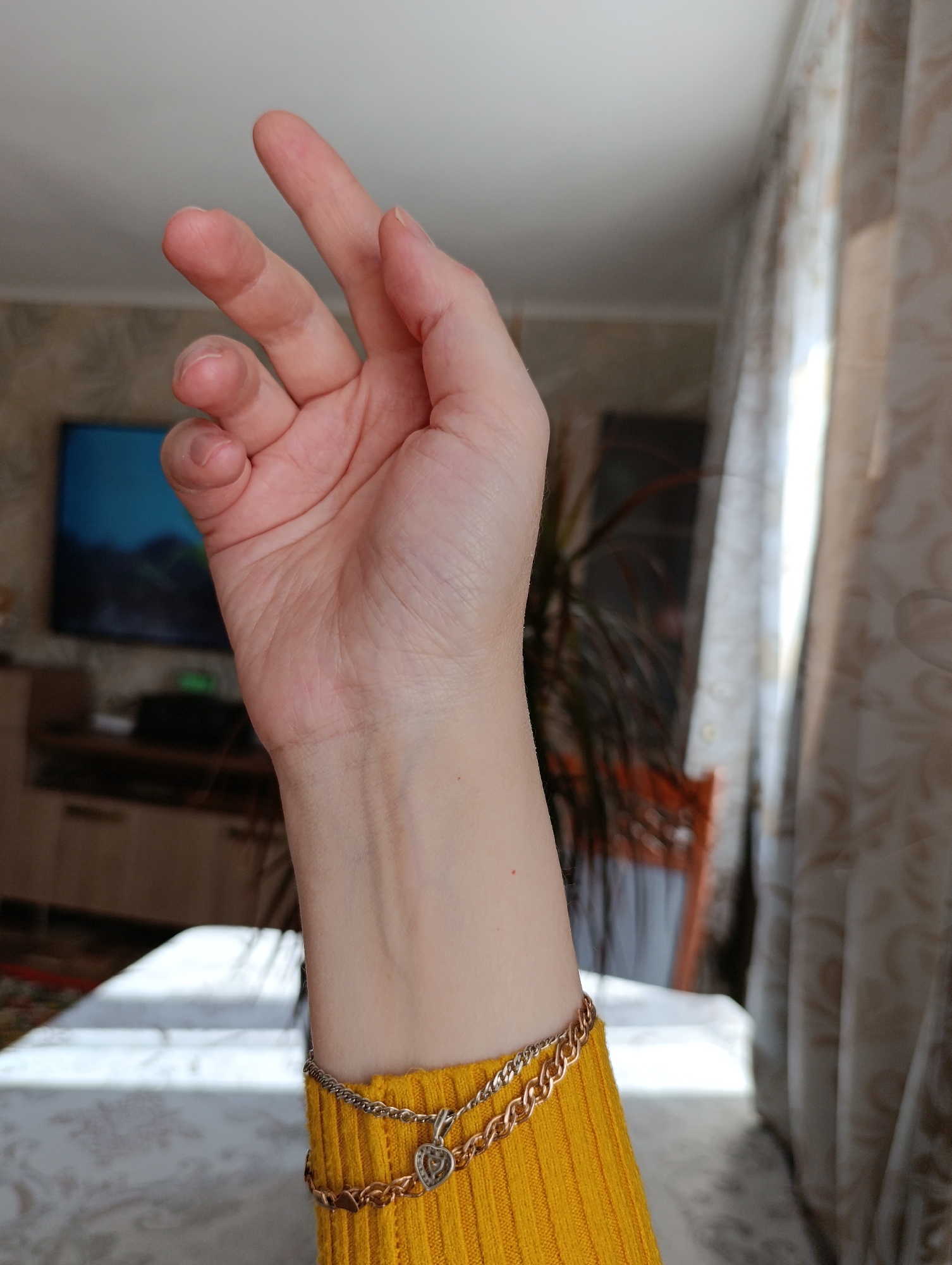 A woman's pale hand, palm facing the viewer, is positioned vertically against a blurred domestic background. The hand is slender with slightly curved fingers. The wrist is adorned with two gold-colored bracelets. One is a simple chain, while the other is a thicker, more elaborate chain with a heart-shaped pendant. The hand is set against a background that includes a TV set, curtains, a plant, a table and a yellow knitted shirt. The setting appears to be an interior space, in the city of Фоки, Russia.