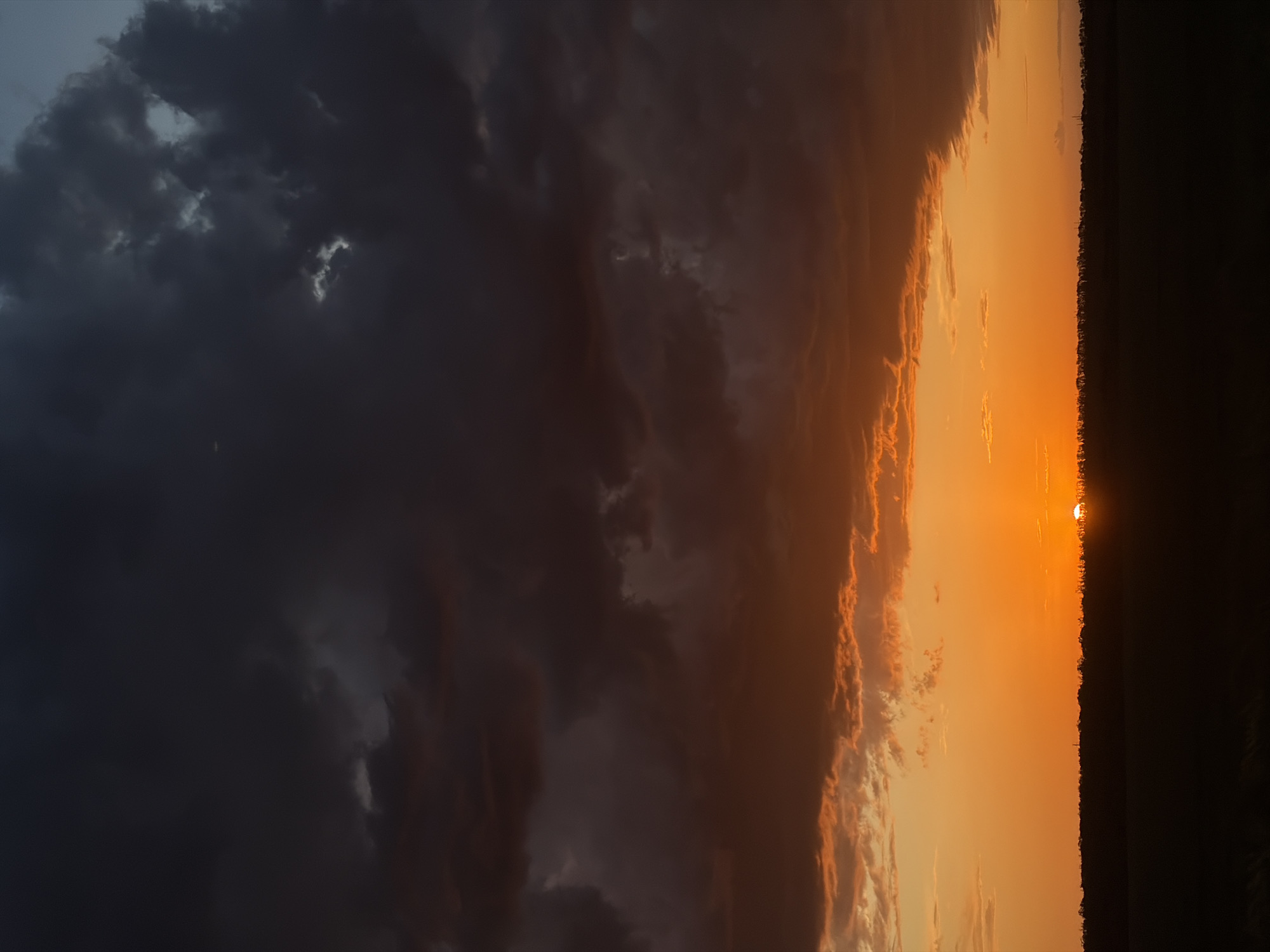 The image captures a dramatic sunset landscape. A dark, cloudy sky fills the left portion, transitioning to an orange and golden sky on the right, where the sun is setting behind a dark, silhouetted treeline. The location is not specified in the prompt, therefore cannot be determined.