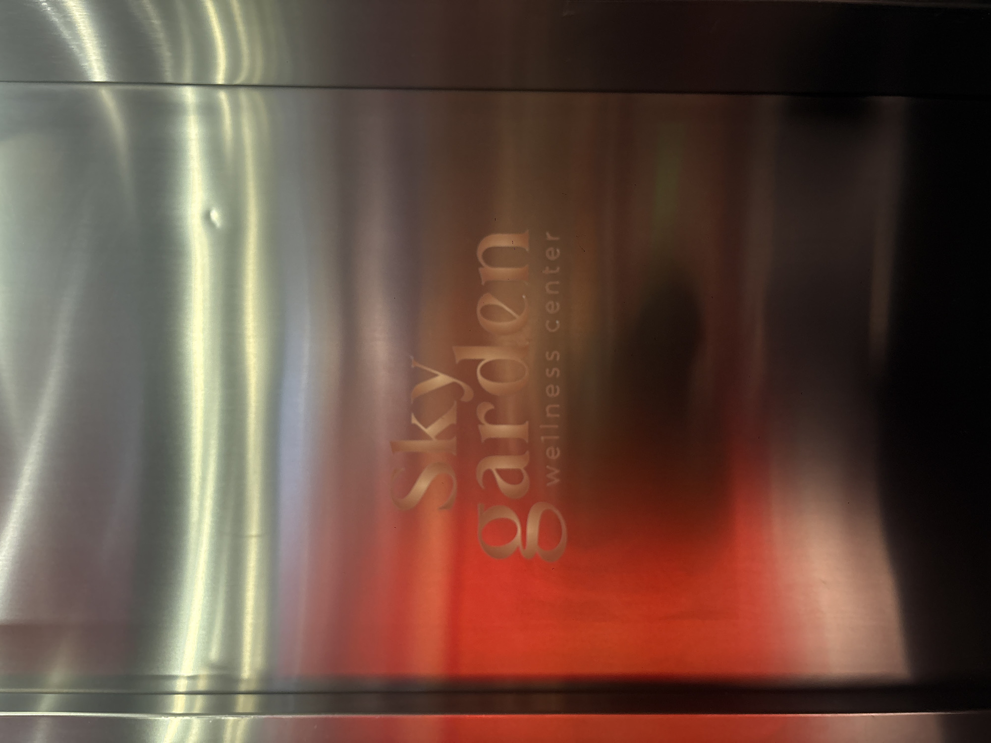 The image shows the entrance to "Sky Garden wellness center" on a brushed metal surface. The words "Sky", "garden", and "wellness center" are inscribed in gold lettering. The left side of the image features a gradient of red light. The background is reflective, showing ambient lighting and a slightly uneven surface. The location is Mexico City, Mexico.