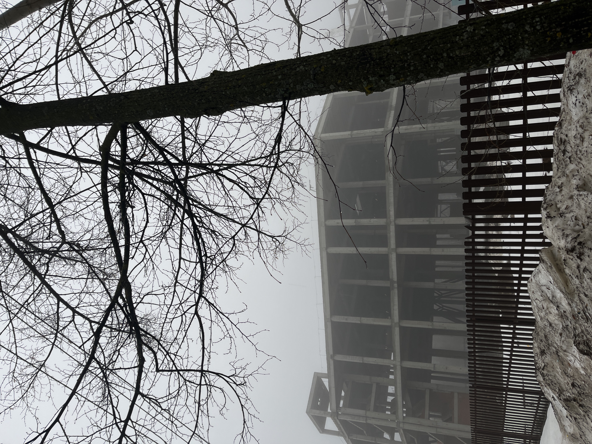 The image, oriented sideways, shows a construction site in foggy weather. A bare tree branch stretches across the top of the frame, with more leafless branches visible to the left. A partially constructed concrete building, likely a high-rise, is visible through the fog. To the right, there's a wooden fence or railing and a snow-covered embankment. The scene appears to be in an urban area, possibly Neftekamsk, Russia. No people are visible. The focus is on the unfinished building and the surrounding natural elements.