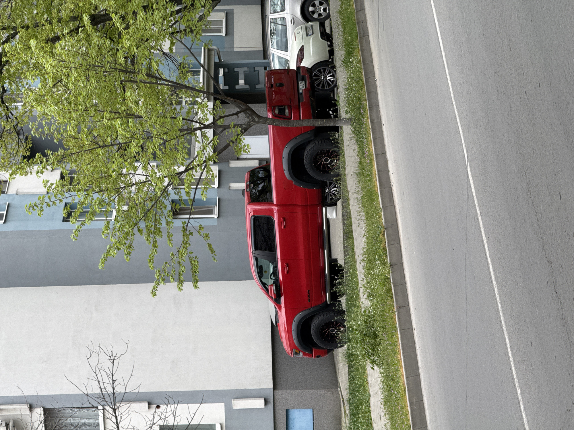 The image shows a street scene in Stara Zagora, Bulgaria. A red pickup truck is parked along the curb on the right side of the street. Next to it, also parked, is a white SUV. A tree with green leaves partially obscures the view of the building behind the vehicles. The building is a multi-story structure with a gray and blue facade and numerous windows. The street itself is asphalt and marked with white lines, indicating traffic lanes. The curb is bordered by a strip of grass and small plants. No people are visible in the frame.