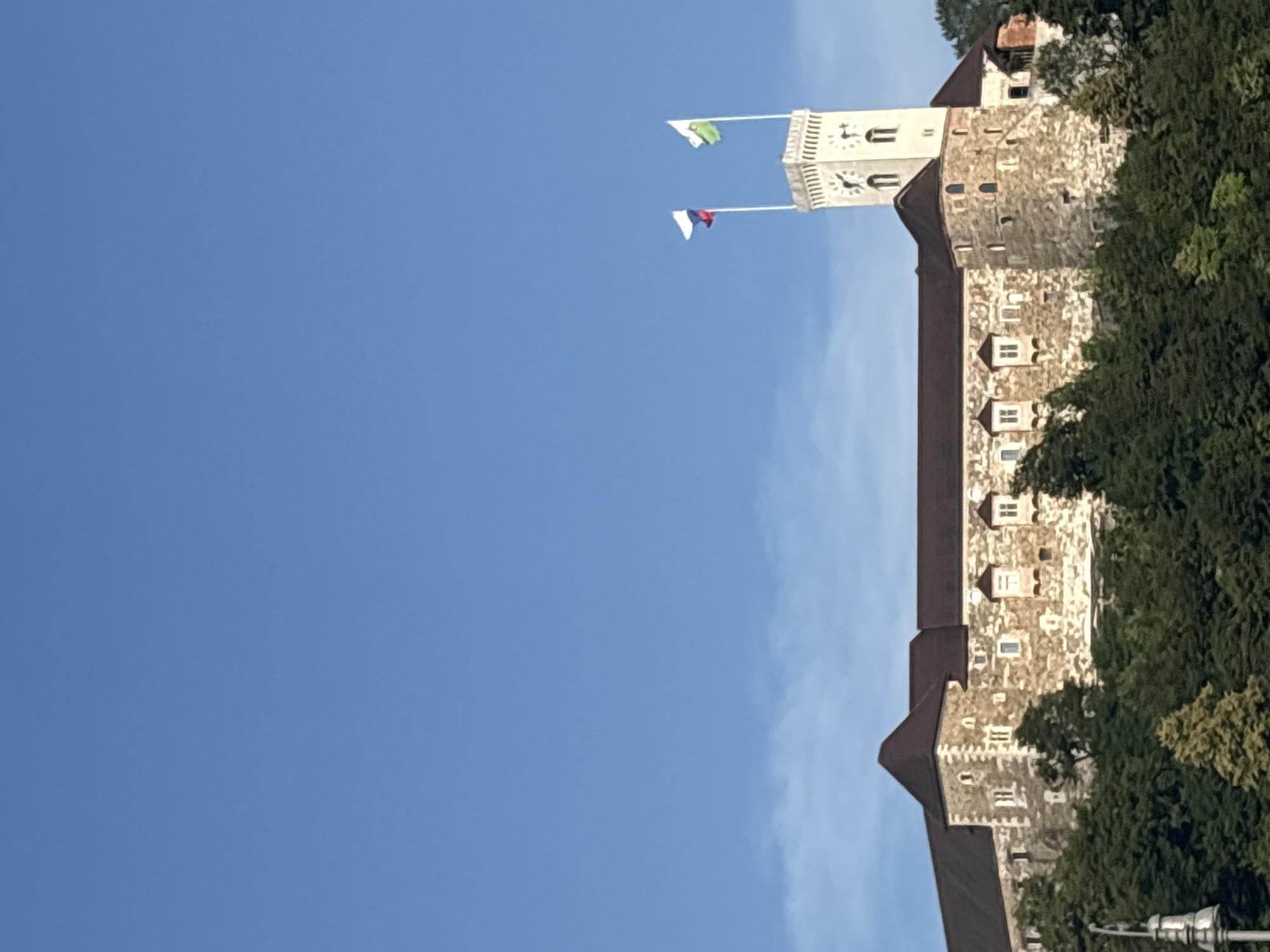 The image shows Ljubljana Castle, a medieval fortress situated on a hill overlooking the city of Ljubljana, Slovenia. The castle features a prominent clock tower with two flags flying from its mast. The castle walls are made of stone, and it is surrounded by lush green trees. The sky is a clear blue with a few wispy clouds. The lighting suggests it is either early morning or late afternoon, with the sun casting a warm glow on the scene. The image is captured from a low angle, emphasizing the grandeur of the castle.