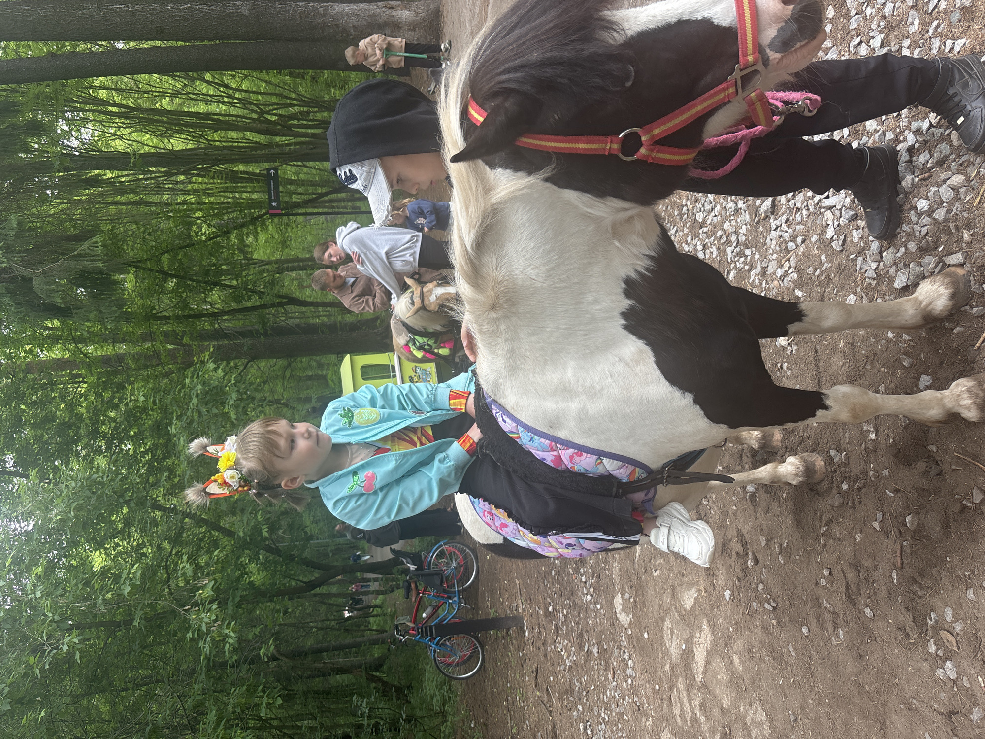 This image depicts an outdoor scene within a densely wooded park or forest, specifically identified by a signpost indicating "Мужской марафон" (Men's Marathon), consistent with locations such as Chernyaevsky Forest in Perm, Russia.
In the foreground and mid-ground, a young girl, approximately 5-8 years old, with light brown hair in pigtails and wearing a decorative headband with animal ears and floral embellishments, is seated on a pony. She is dressed in a light blue jacket with cherry and pineapple patches, a multi-colored striped shirt, black pants, and white sneakers. The pony is a piebald type, predominantly white with large black patches, featuring a black mane and tail, and wearing a red and yellow striped bridle with pink rope accents, and a multi-colored saddle pad adorned with animated characters.
Adjacent to the pony's head, a male individual, appearing to be a boy or young man, aged approximately 10-16, is standing. He wears a black hooded sweatshirt with the hood up, a faded baseball cap worn backwards over the hood, black pants, and black sneakers. He is holding the pony's bridle.
In the mid-background, to the left of center, an adult male in a brown jacket and an adult female in a grey hooded sweatshirt are standing and conversing. A younger child in a dark blue sweatshirt is visible behind them. Further in the background, to the right, another young child stands with a push scooter. A bright green kiosk or cart, possibly for pony rides, is partially visible behind the adult couple. Two bicycles, one blue with red wheels and one dark red with a child seat, are parked off a dirt path on the left side of the frame. A brown signpost, marked "→ Мужской марафон" (Men's Marathon), is visible between the adult couple and the distant trees.
The environment consists of a wide, unpaved dirt path covered with small stones, extending into the background where indistinct human figures are walking. The background is dominated by a dense forest of tall, mature trees with lush green foliage, suggesting an overcast day with diffused lighting.
