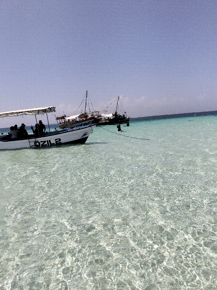 The image captures a sunny day in Wasini, Kenya, depicting multiple boats in shallow, clear, turquoise water under a light blue sky. In the foreground, a white motorized boat, labeled "OZIL2" with a blue stripe, is stationary. It features a white canvas canopy beneath which approximately 5-7 individuals are visible as dark silhouettes, some seated and one standing towards the stern. Further offshore, two larger, traditional wooden dhows, characterized by tall masts and white canopies, are anchored. A single individual, presented as a dark silhouette, is partially submerged in the water between the foreground boat and the dhows, holding onto a dark rope or line. The water surface displays sunlight reflections and ripple patterns. A clear horizon separates the tranquil ocean from the expansive sky.