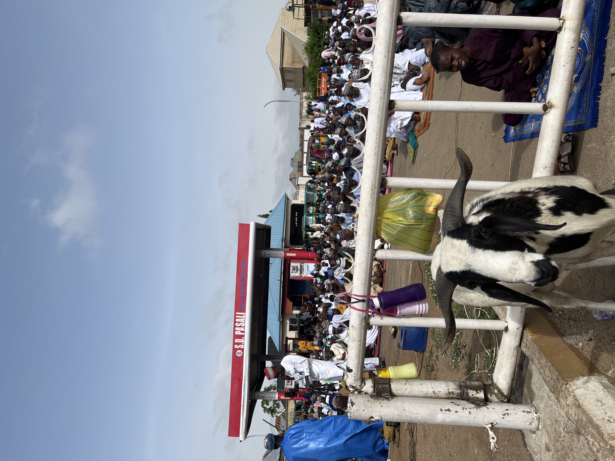 The scene shows a large gathering of people, predominantly men, praying outdoors near a gas station identified by a red and white sign bearing the name "S.D. Pasali Oil & Gas Nig. Ltd." This suggests a location within Nigeria. The large number of individuals suggests that this is most likely located at the city of Jos, Nigeria. They are kneeling on prayer mats during worship. In the foreground, a black and white goat stands tethered to a white metal barrier. A young boy is lying on his praying mat, smiling at the camera.