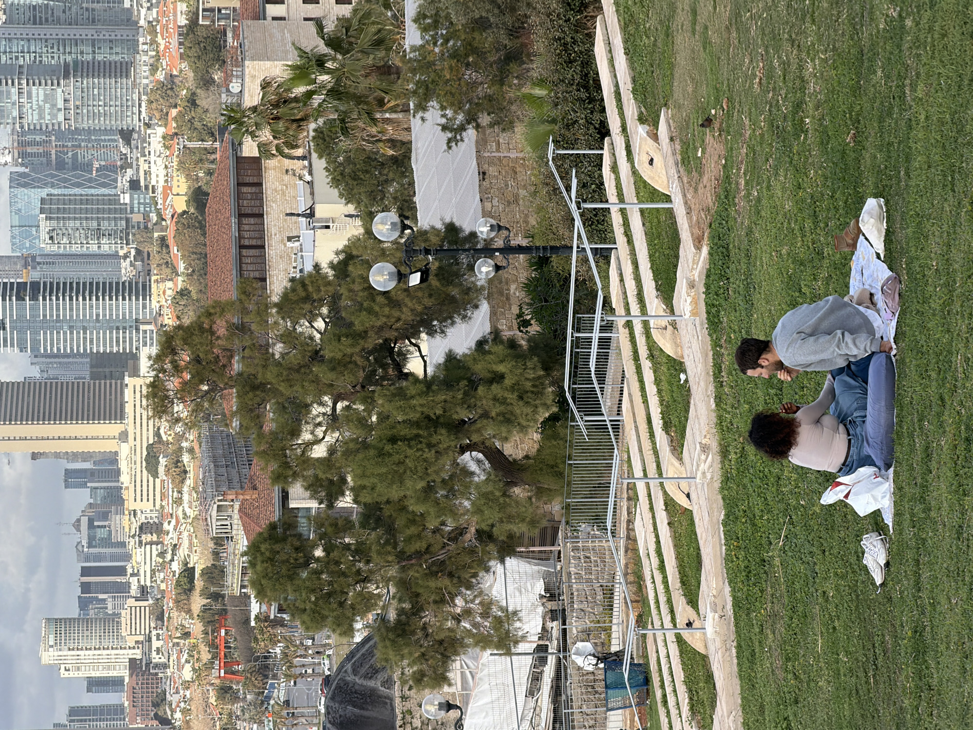 A medium shot of a cityscape of Tel Aviv, Israel, with a couple sitting on a blanket in a park. The couple is on the right side of the frame, sitting on a blanket on a grassy area. The man is wearing a gray sweater and blue jeans, and the woman is wearing a light-colored shirt and blue jeans. They are facing each other and appear to be talking. A white shoe is discarded near the blanket.
Behind them, a series of tiered concrete retaining walls create a step-like structure in the park. A metal railing runs along the edge of the walls. To the left of the couple and the tiered walls, there is a large tree with dense green foliage. A street lamp with multiple spherical lights is visible among the branches of the tree.
In the background, the cityscape of Tel Aviv is prominent. Various buildings, including modern skyscrapers and older, low-rise structures with red-tiled roofs, stretch across the horizon. The sky is overcast.