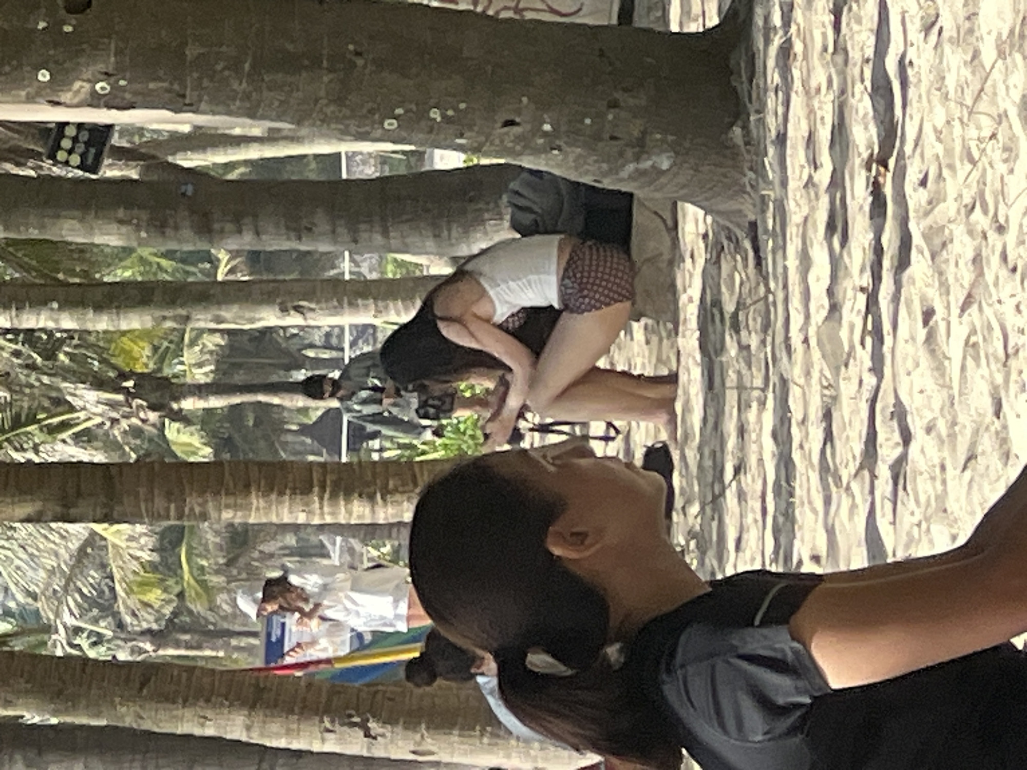The image captures a beach scene at the Hyatt Regency Danang Resort and Spa, located in the Son Tra District of Đà Nẵng, Vietnam. The setting is characterized by a sandy beach and numerous tall palm trees, casting dappled shadows. In the foreground, a woman with dark hair pulled into a ponytail is seen in profile, wearing a black t-shirt. She is seated on the sand, facing towards the right of the frame. In the mid-ground, another woman with long dark hair is seated on a stone bench, wearing a white tank top and patterned shorts. She is looking down, seemingly at her phone. Further in the background, a person in a white outfit and hat stands near a colorful flag, and another individual in a dark shirt and mask is visible. The overall impression is a relaxed atmosphere on a sunny day at a tropical resort.