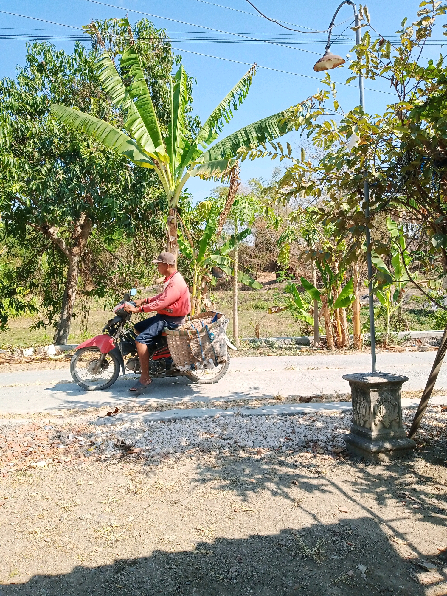 In the city of Kemiri, Indonesia, a man is riding a red motorcycle down a paved road. He is wearing a red long-sleeved shirt, dark shorts, a hat, and flip-flops. He has a large woven basket attached to the back of his motorcycle. The road is lined with trees and foliage, and there is a stone pillar with decorative carvings to the right of the road. The sky is blue and clear.