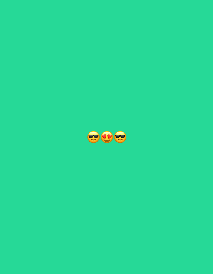 The image displays three emojis arranged horizontally in the center of a solid, vibrant green background. The green color is a uniform shade, resembling teal or turquoise.
From left to right, the first emoji is a "smiling face with sunglasses" (๐), typically conveying a sense of coolness, confidence, or casualness. The middle emoji is a "smiling face with heart-eyes" (๐), which expresses adoration, love, or being deeply smitten. The third emoji, on the right, is another "smiling face with sunglasses" (๐).
There are no other subjects, objects, or activities depicted in the image. It is a static, minimalist composition. There are no discernible location cues, time of day, weather, or visible text. The emotions conveyed are those inherent to the emojis themselves. The image provides no visual information related to the location context of Trastenik, Bulgaria.