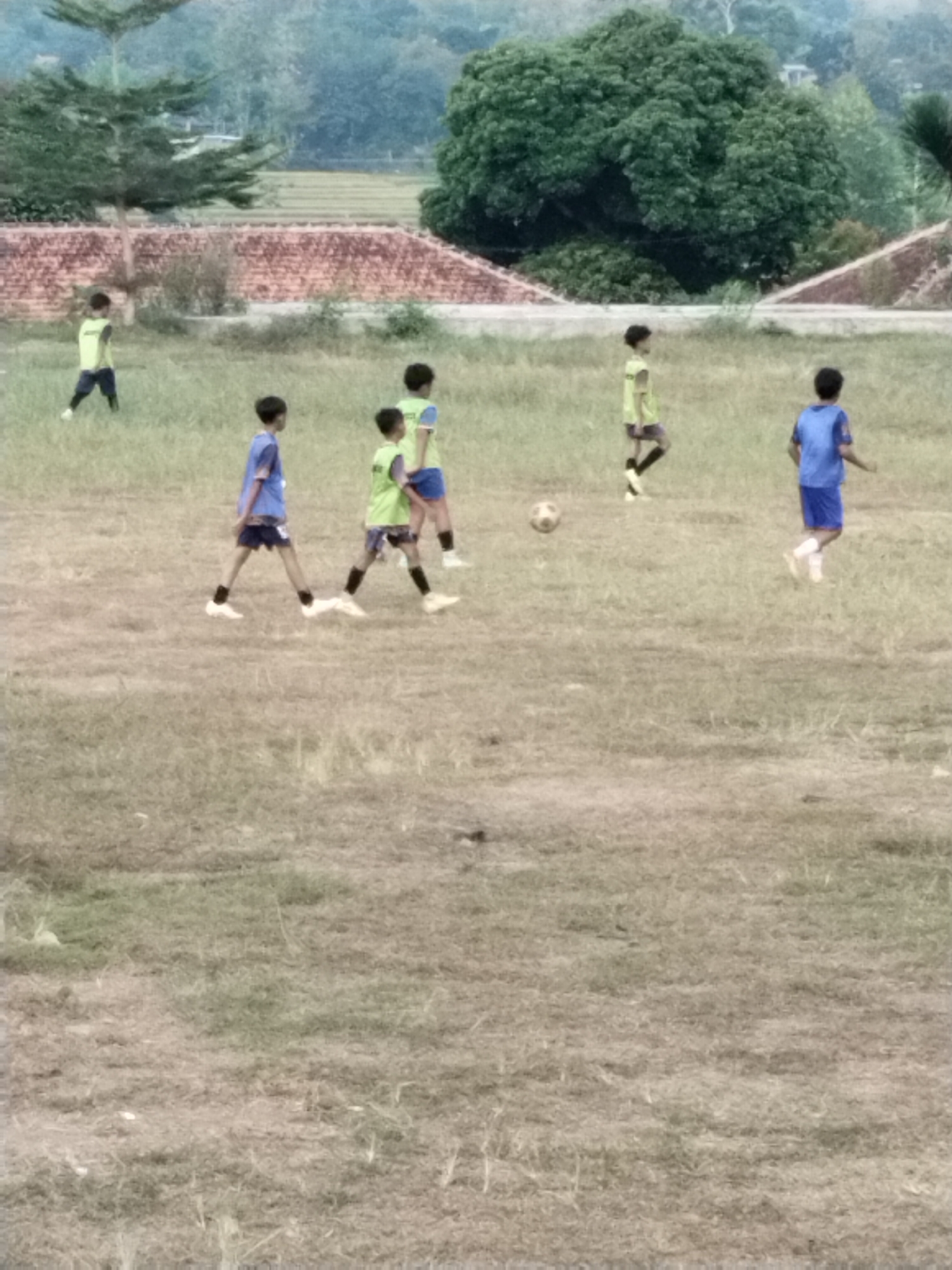 A group of young boys are playing soccer on a dry, grassy field. The boys are wearing jerseys and shorts in various colors, including blue, green, and yellow. One boy in a blue jersey is kicking a soccer ball. In the background, there are trees, a building with a red tiled roof, and a hazy sky. The overall scene is an outdoor sports activity in a rural or semi-rural setting.