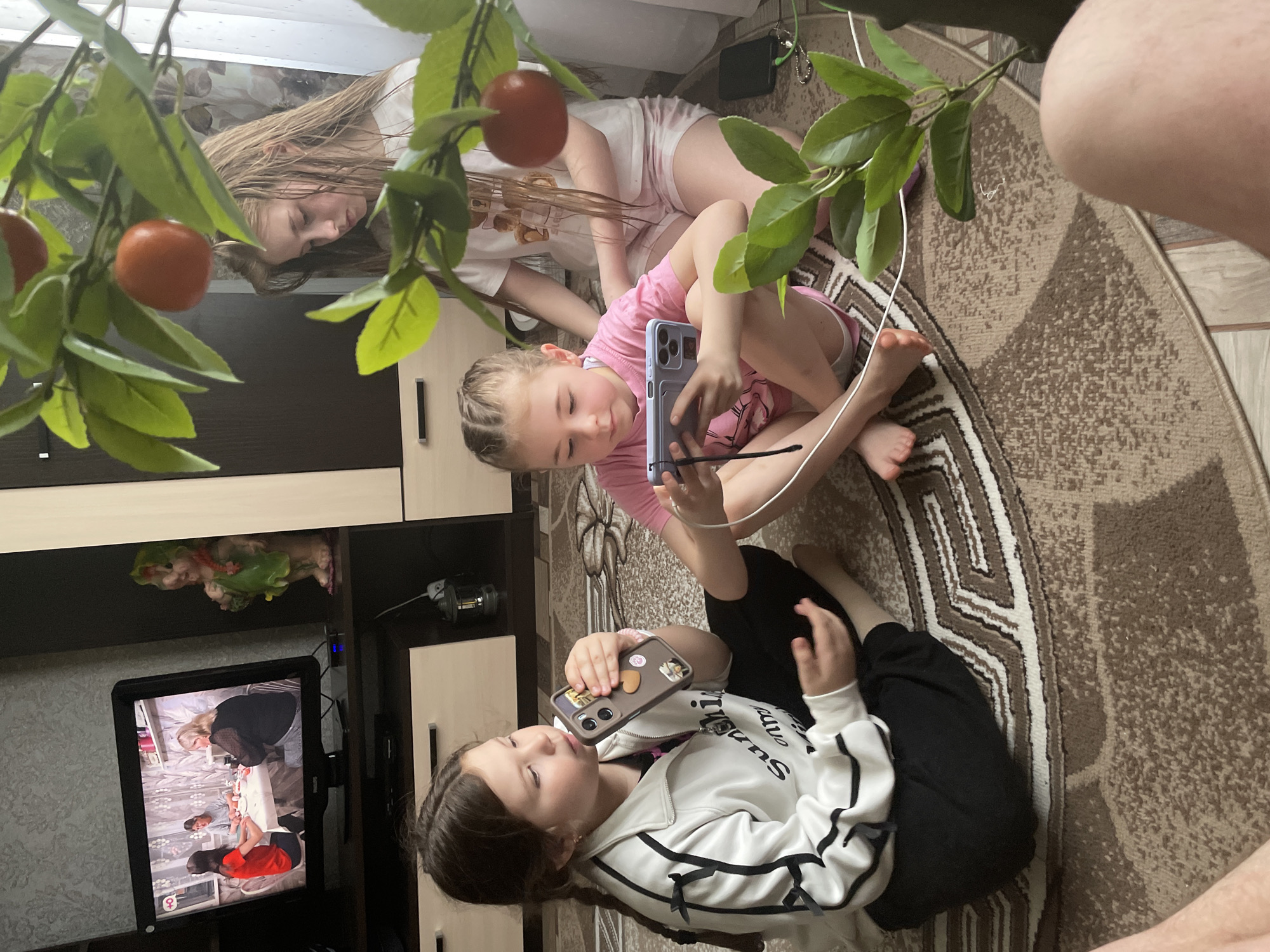 The image shows three young girls sitting on a brown circular rug inside a home in Nizhnii Bugrysh, Russia. One girl is wearing a white shirt with pink shorts and lying down. Another girl is wearing a pink shirt and holding a lavender-colored phone. The third girl is wearing a white and black jacket and also holding a phone. They are all looking at their phones. A TV is visible in the background, and it is displaying a video. An artificial branch with oranges is near the top of the photo. A person's leg is in the top right corner of the image.