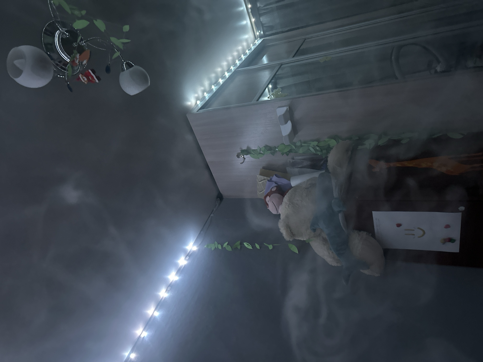 The image depicts the interior of a room, likely a child's bedroom, with a whimsical and slightly mysterious atmosphere. The dominant feature is the presence of a dense, white fog or mist that permeates the scene, obscuring details and creating an ethereal effect.
In the foreground, a large, plush teddy bear sits on top of a dark wooden cabinet. A blue stuffed shark is draped across the teddy bear's shoulders. Below the teddy bear, a piece of paper with a child's drawing of a smiley face and red hearts is affixed to the cabinet door. A decorative string of green artificial leaves hangs from the wall, partially obscured by the fog.
The room is illuminated by strings of bright white LED lights that run along the top edges of the walls, casting a cool glow. A ceiling light fixture with two frosted globe shades is visible in the upper right corner. A small, festive ornament, possibly a Santa Claus figure, is attached to the light fixture.
The walls appear to be painted a dark, cool gray. A portion of a closet or wardrobe with mirrored doors is visible on the right side of the image, further reflecting the lighting and fog. A thin, orange giraffe figure is visible behind the fog on the cabinet.
The overall impression is one of a dimly lit, possibly humid or artificially misted room, intended to create a magical or playful ambiance. The specific location in Petropavlovsk-Kamchatsky, Russia, is not discernable from the visual elements of the image itself.